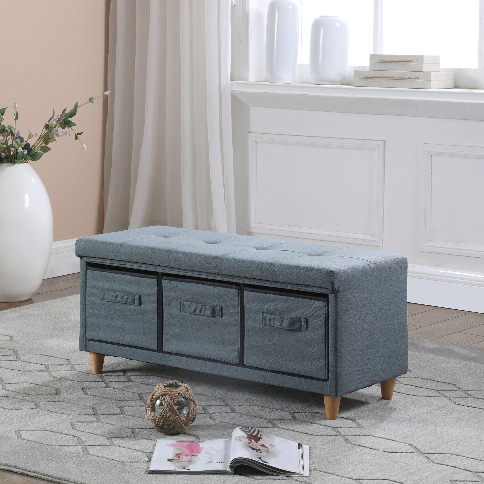 17.5" Magnolia Blue Gray Tufted Bench W Storage Basket Drawers Blue Gray Polyester