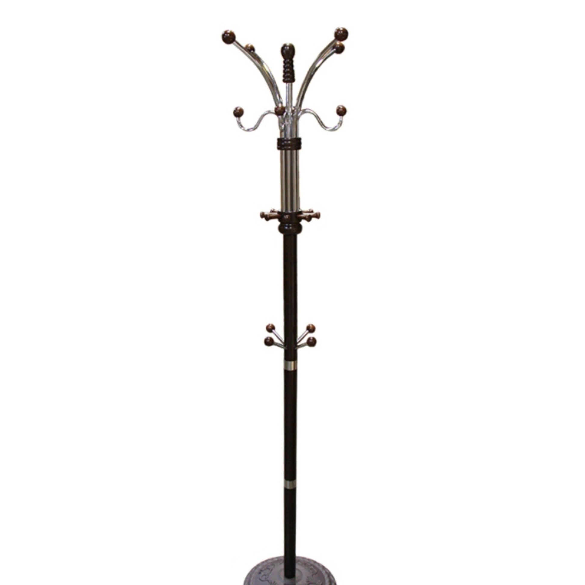 73" Tall Chrome And Wood Coat Rack, Espresso Finish Multicolor Wood