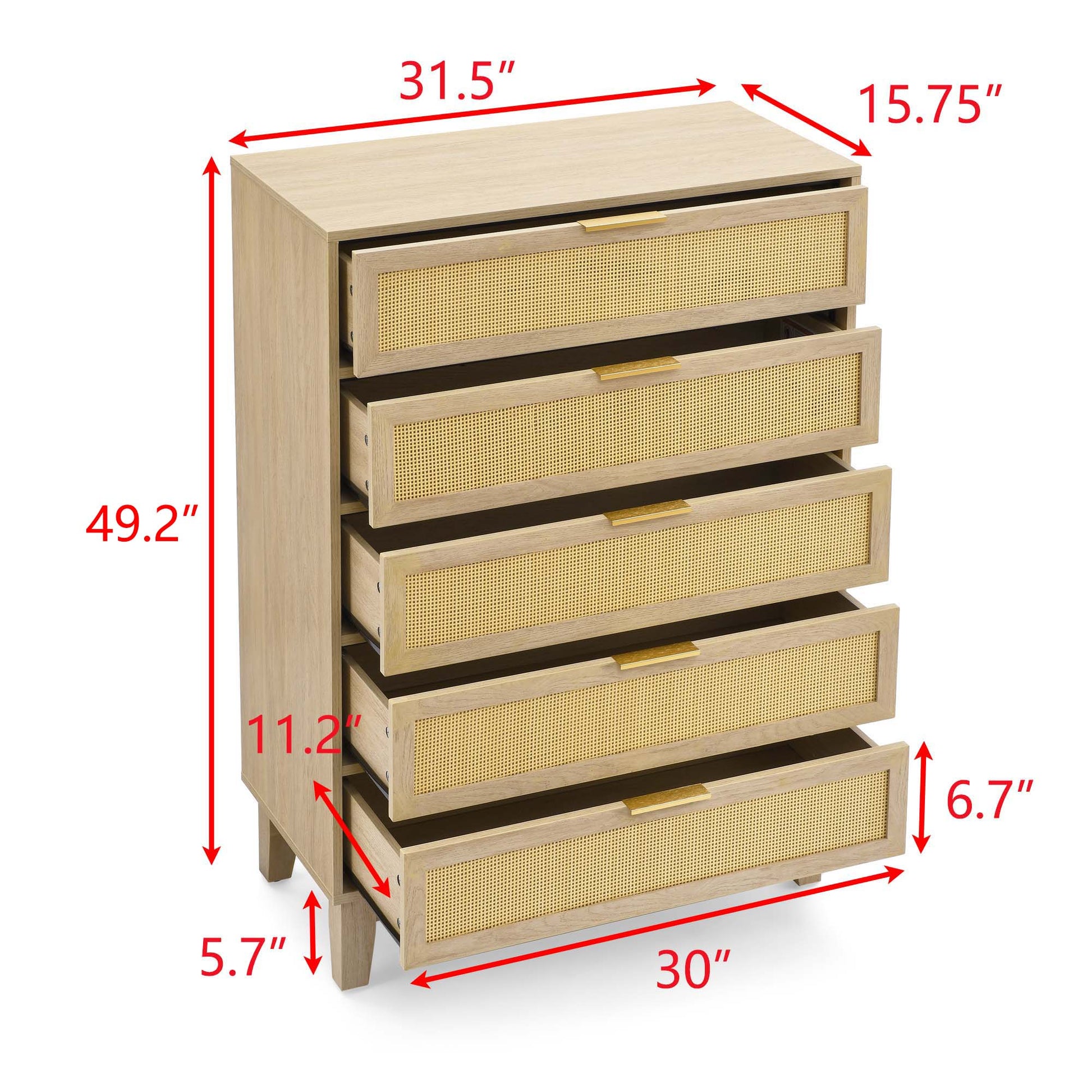 Bedroom 5 Drawer Dresser, Rattan Dresser Modern Wooden Chest Of Drawers With Spacious Storage Space For Bedroom Hallway Living Room Natural Wood Solid Wood Mdf