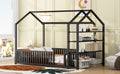 Twin Size Metal House Bed With Fence And Detachable Storage Shelves, Black Twin Black Metal