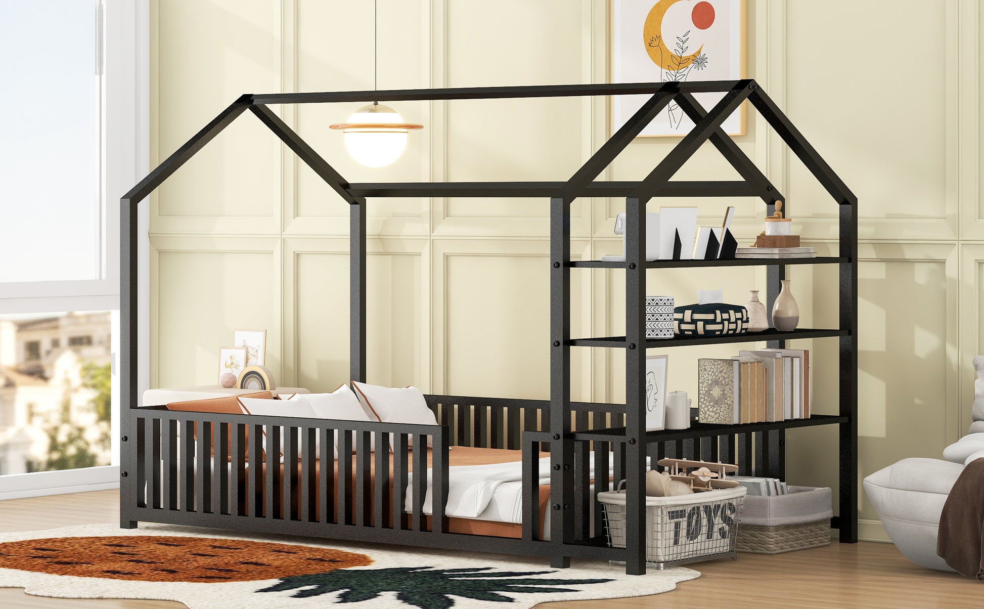 Twin Size Metal House Bed With Fence And Detachable Storage Shelves, Black Twin Black Metal