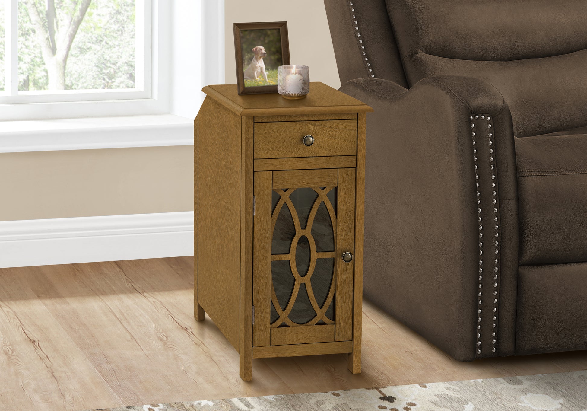 Accent Table, Side Table, End, Narrow, Nightstand, Bedroom, Storage Drawer, Lamp, Brown Veneer, Traditional Taupe Mdf