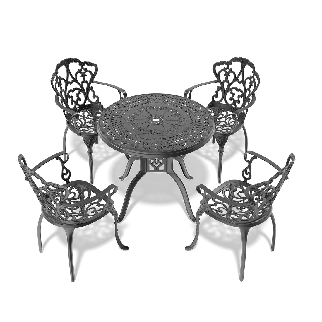 Cushions In Random Colors 5 Piece Set Of Cast Aluminum Patio Furniture With Cushions Yes Dining Set Black Seats 4 Rust Resistant Frame Water Resistant Cushion Garden & Outdoor Complete Patio Sets