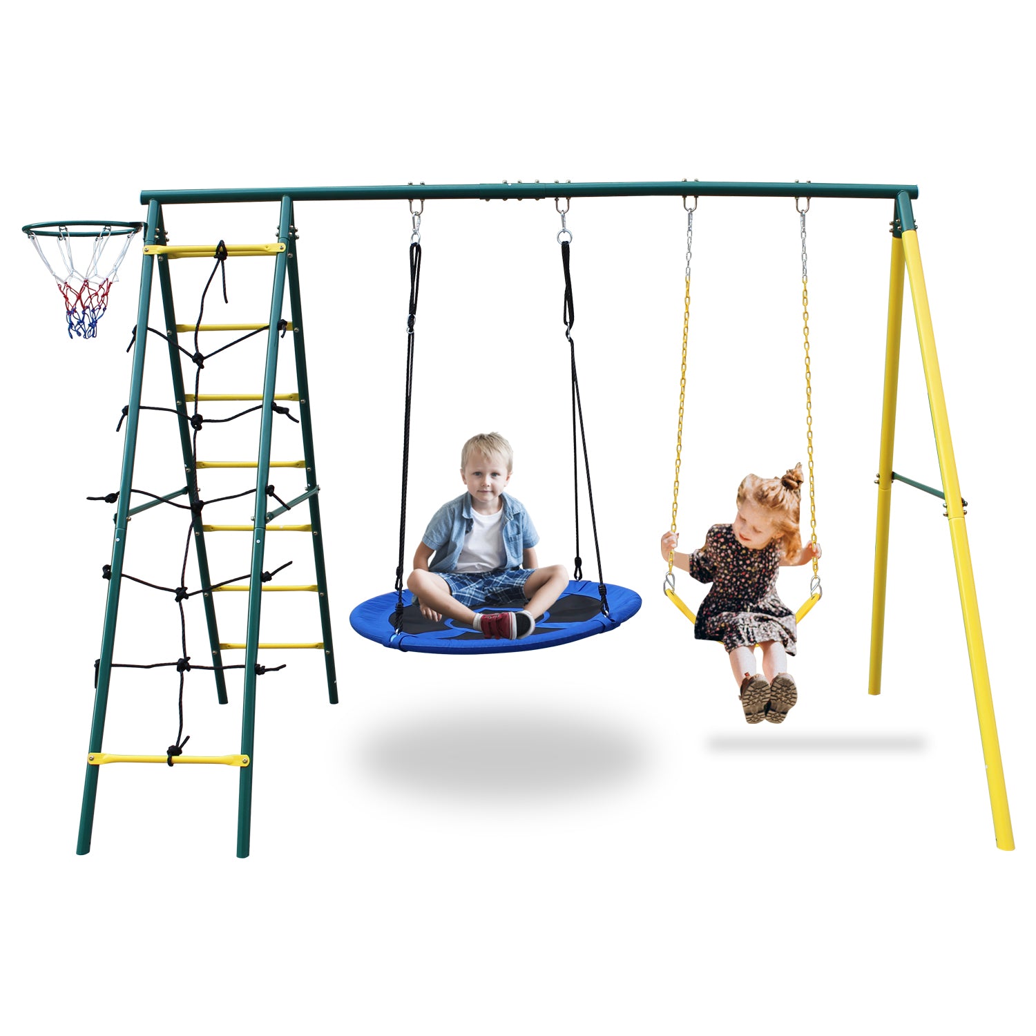 Swing Set For Kids Outdoor Backyard Playground Swing Set With Ladder And Basketball Hoop Blue 200 Lbs & Over 3 To 4 Years Steel Outdoor