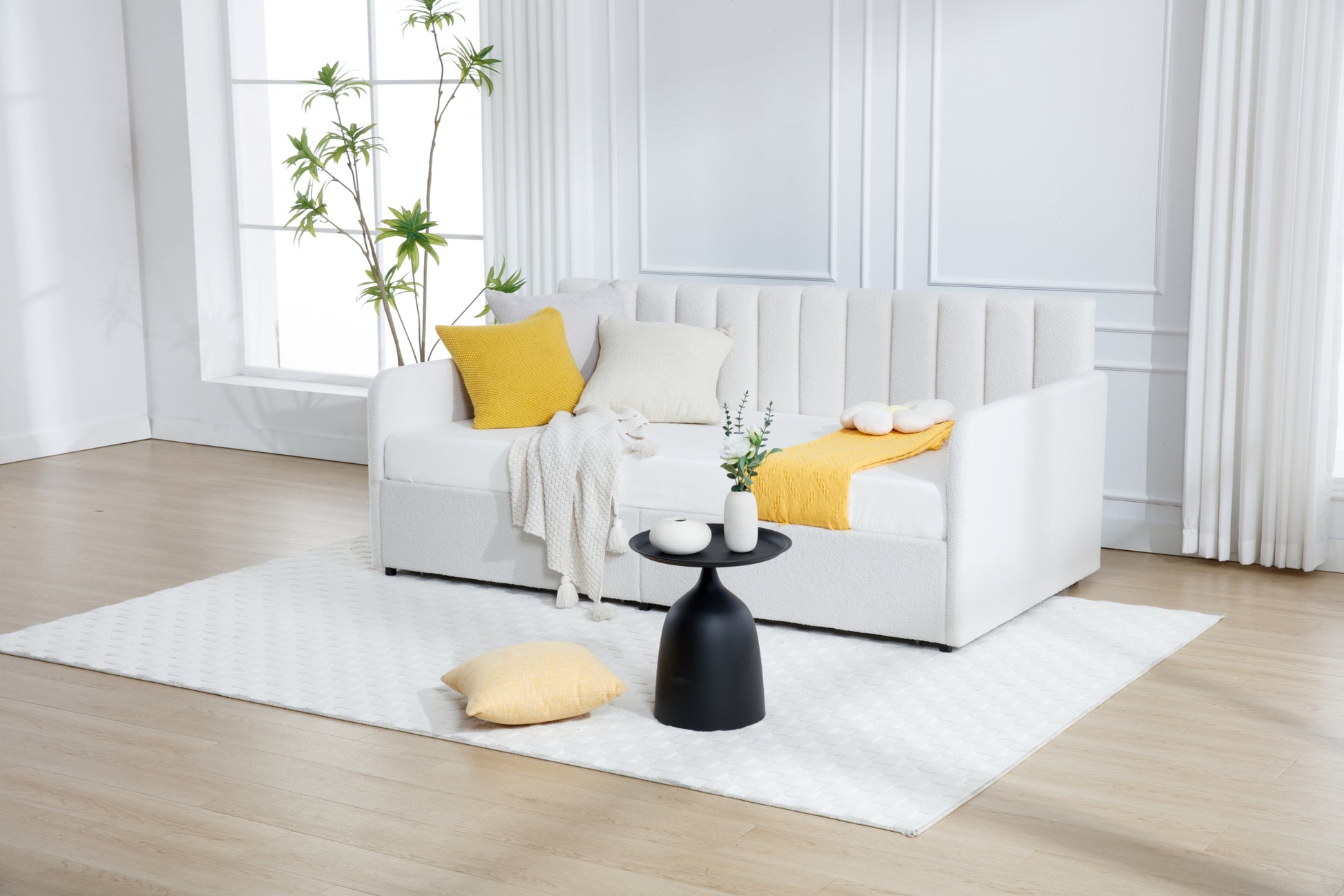 Flora Upholstered Daybed With 2 Drawers, Twin, Ivory Boucle, Ribbed Tufted Backrest, Daybed In Lavish Modern Design Box Spring Not Required Twin Ivory Metal Bedroom Classic,Contemporary,Minimalist,Traditional,Transitional Upholstered Upholstered