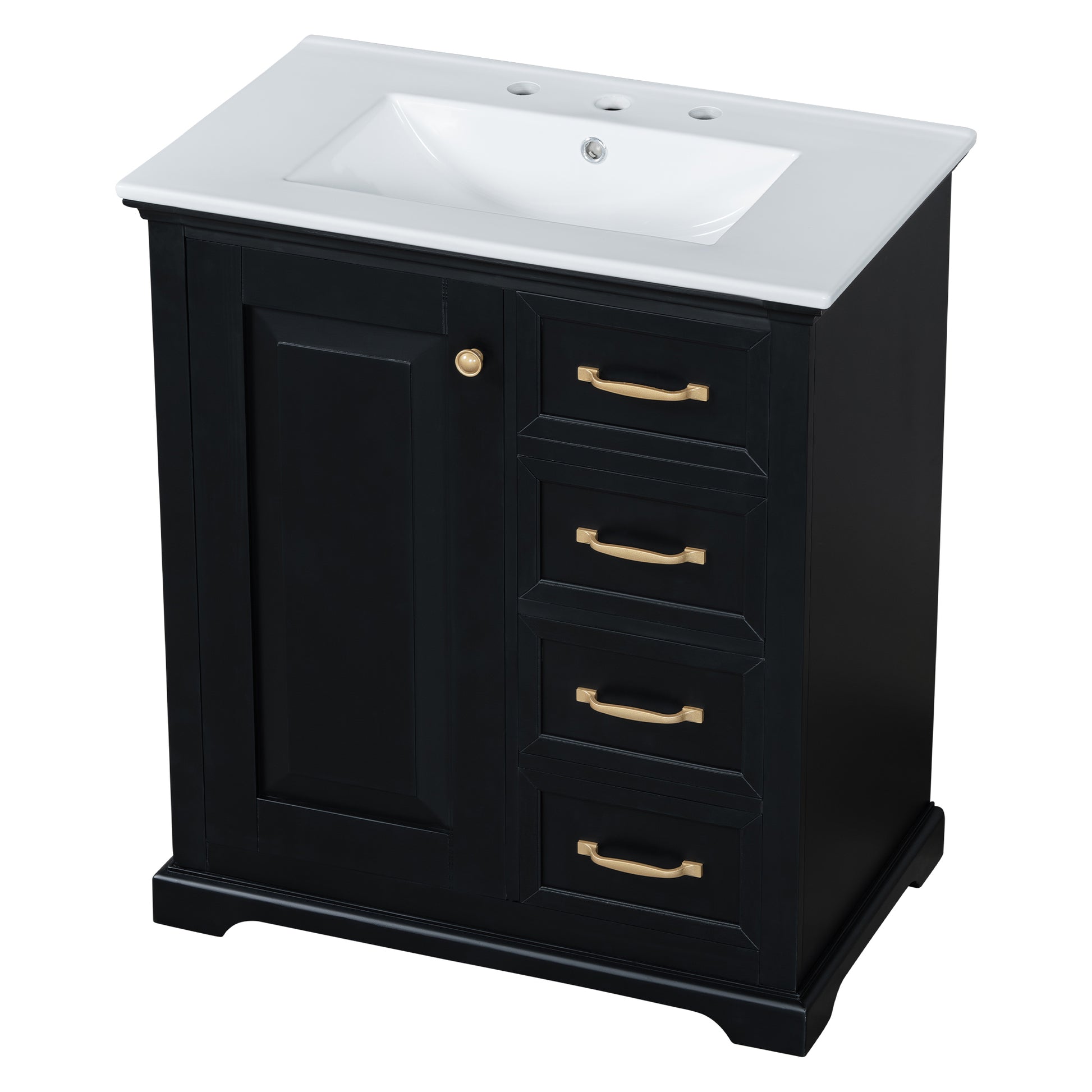 30" Bathroom Vanity With Sink, One Package, Black Bathroom Cabinet With Drawers, Solid Frame And Mdf Board Black Solid Wood Mdf