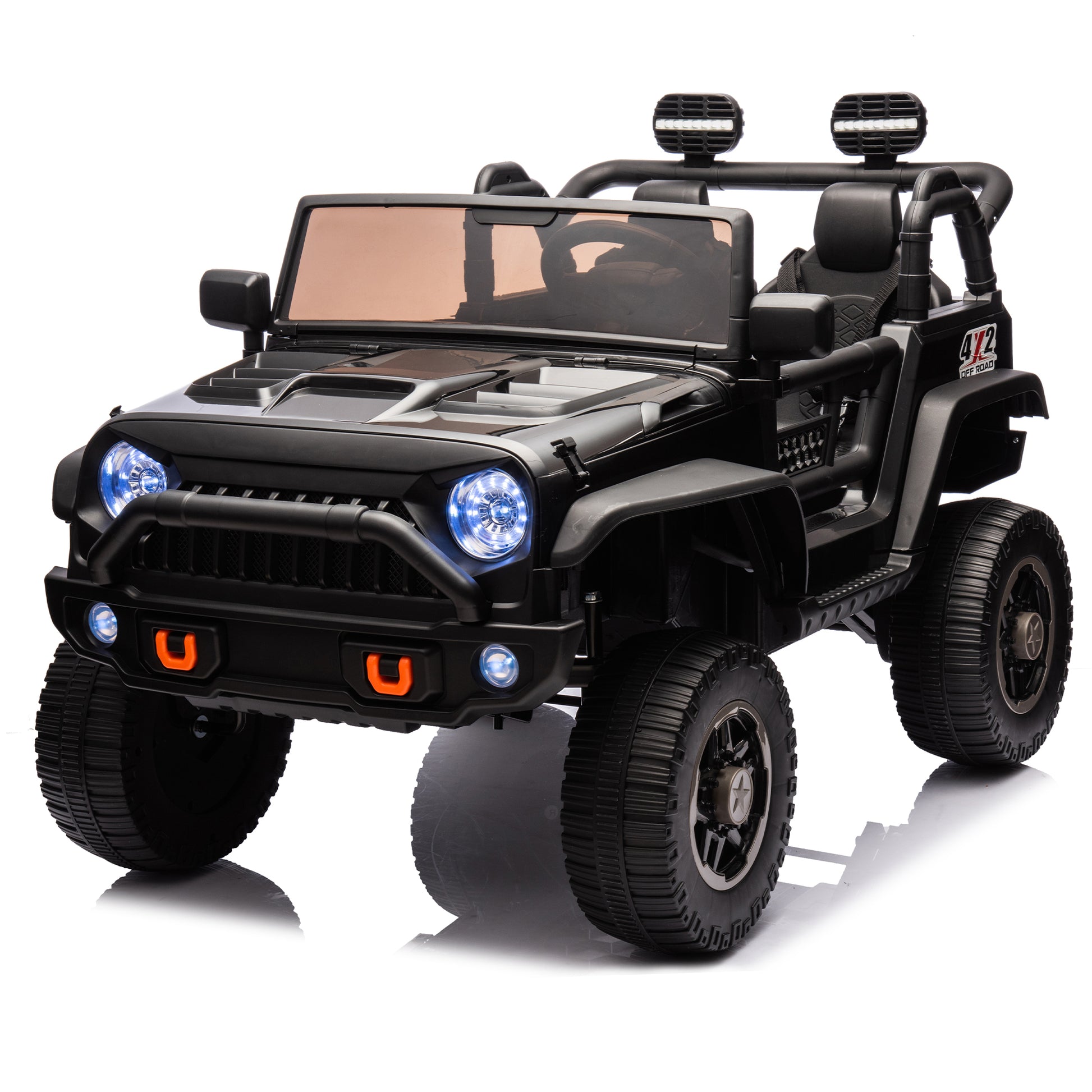 24V Two Seater Kids Ride On Truck Car W Parents Control,200W*2,Seat Width 20.28In,Four Wheel Suspension,Led Lights,Music,Mp3,Bluetooth,Two Independent Seat Belts,Suitable For Off Road For Kids Aged 3 Black 100 149 Lbs Polypropylene