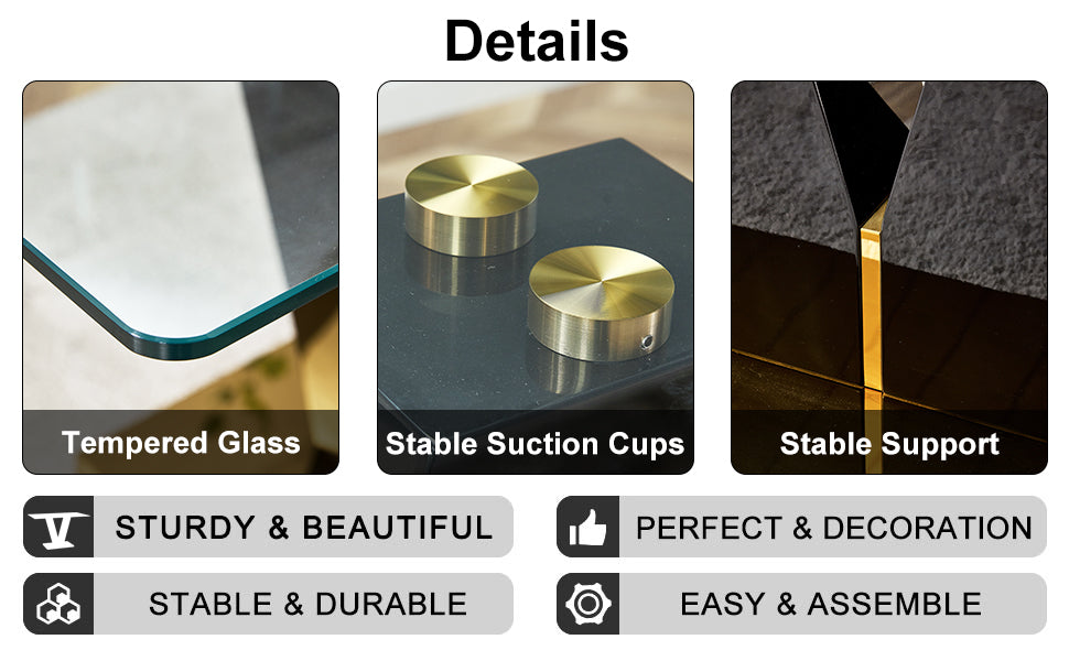 Table And Chair Set,Clear Tempered Glass And Black Legs Of The Table, Pu And Gold Legs Of The Chair Black Grey Seats 6 Tempered Glass