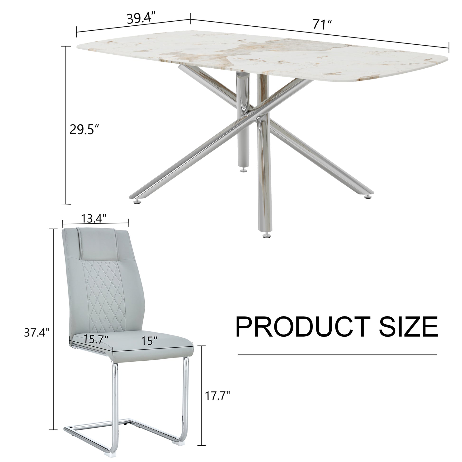 Table And Chair Set, Large Modern Minimalist Rectangular Dining Table, 0.39 "Imitation Marble Tabletop And Silver Metal Legs, Soft Leather Seats. F 1537 Silver Glass Metal