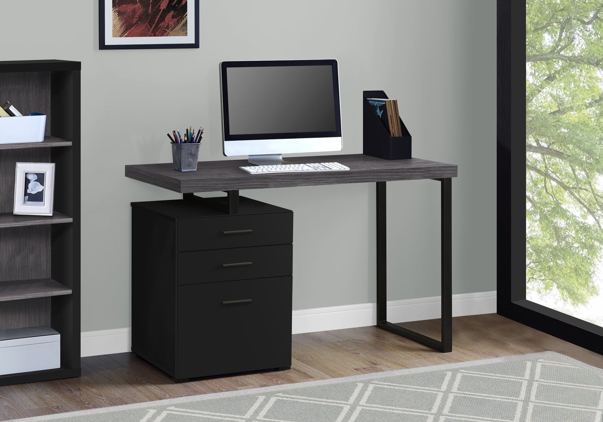 Computer Desk, Home Office, Laptop, Left, Right Set Up, Storage Drawers, 48"L, Work, Black And Grey Laminate, Black Metal, Contemporary, Modern Black Particle Board