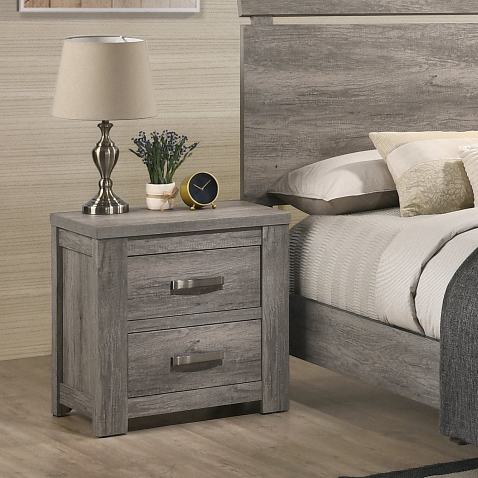 Floren Contemporary Wood Two Drawer Nightstand, Weathered Gray Gray Gray 2 Drawers Bedroom Drawer Storage American Traditional,Contemporary Drawers Wood Mdf