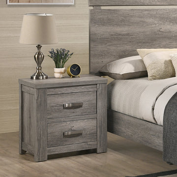 Floren Contemporary Wood Two Drawer Nightstand, Weathered Gray Gray Gray 2 Drawers Bedroom Drawer Storage American Traditional,Contemporary Drawers Wood Mdf