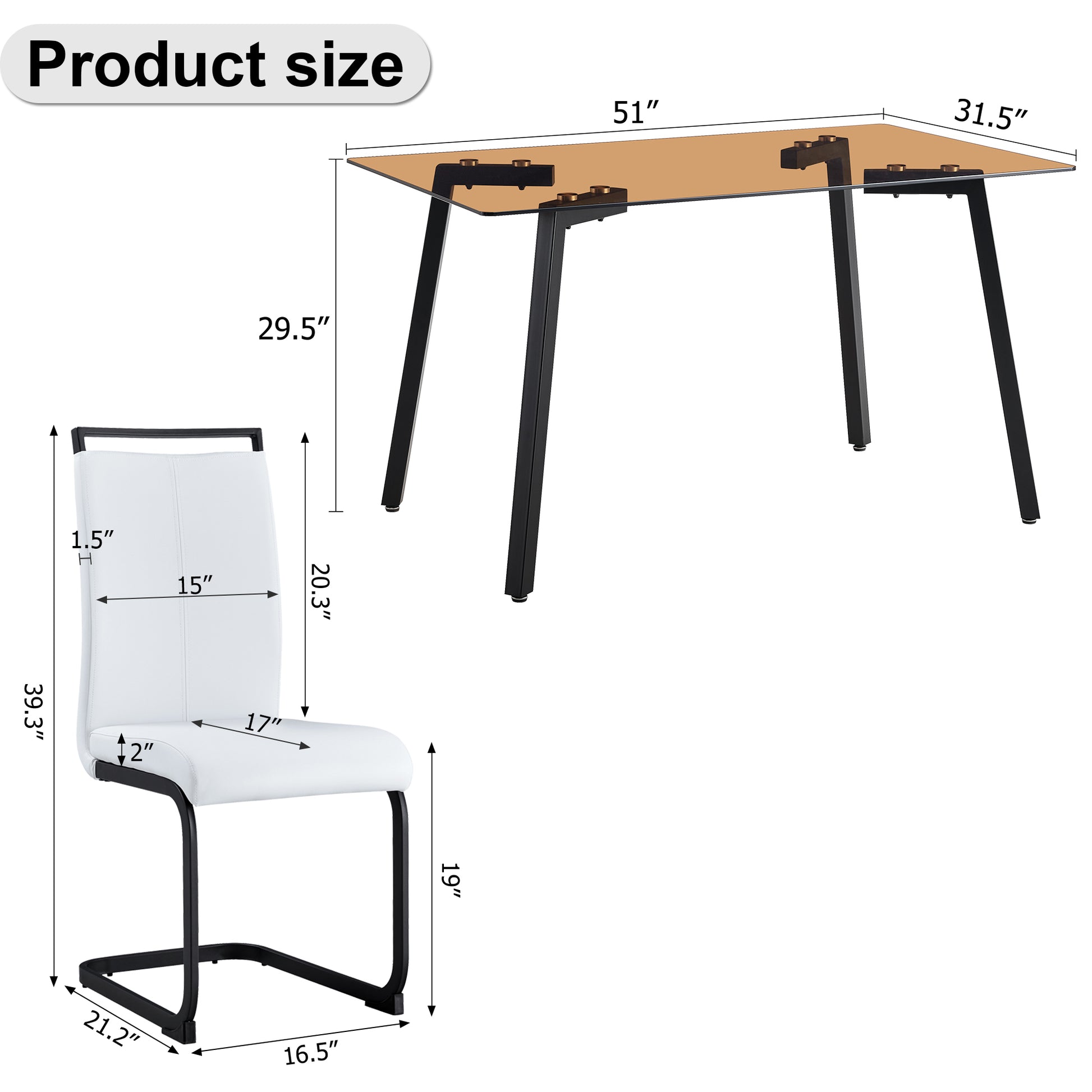 Table And Chair Set. Large Modern Rectangular Table With Brown Glass Top And Black Metal Legs. It Is Equipped With Soft And Comfortable Pu Seats, Faux Leather Upholstered Seats, And Sturdy Metal Legs. White Seats 4 Glass Metal