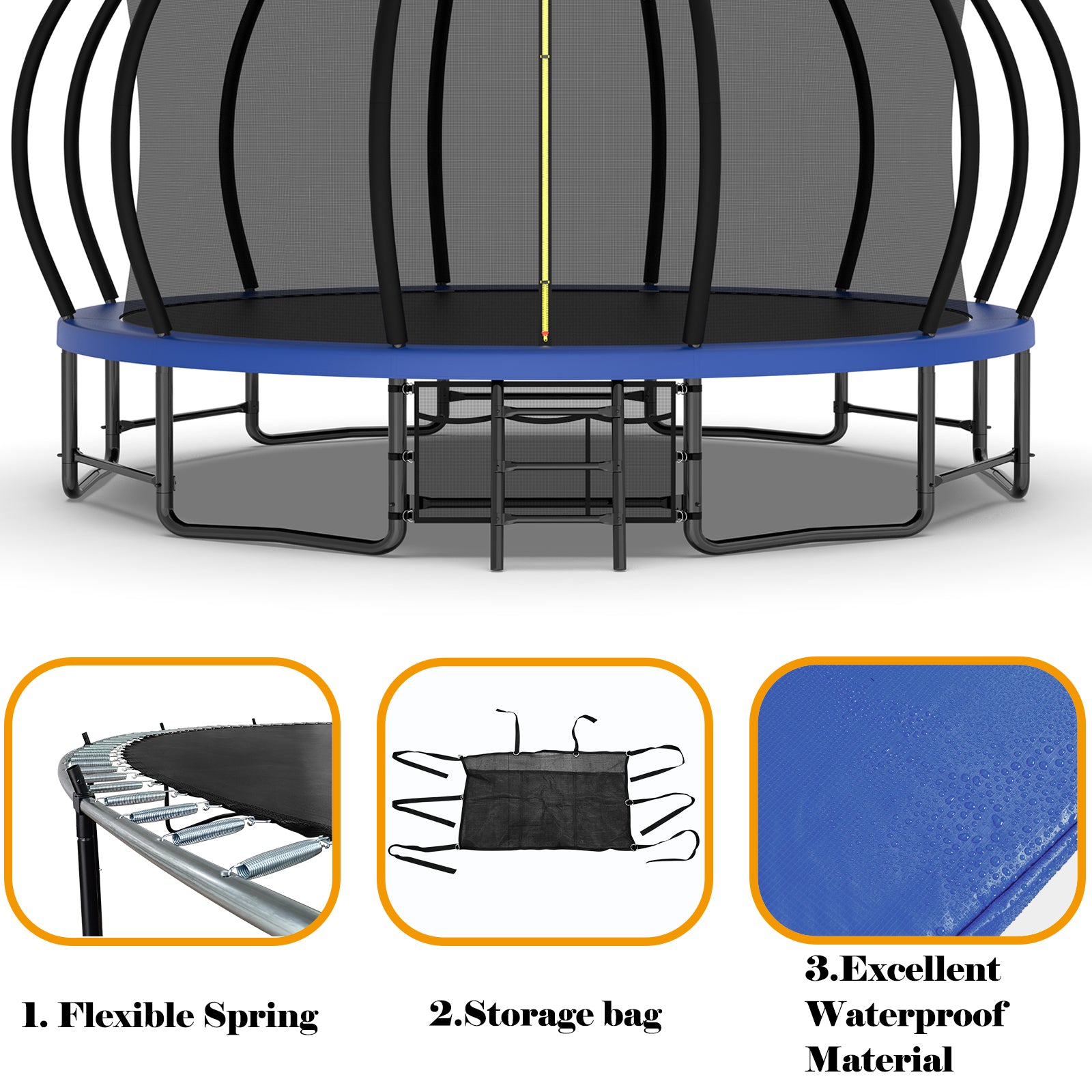 16Ft Outdoor Trampoline For Kids And Adults, Pumpkin Trampolines With Curved Poles,Heavy Duty Trampoline Anti Rust Coating Astm Approval Blue Steel