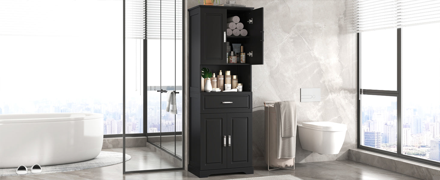 Tall Bathroom Cabinet With Four Doors, Large Storage Space Open Shelve, Upper Storage Cabinet, Black Black Mdf