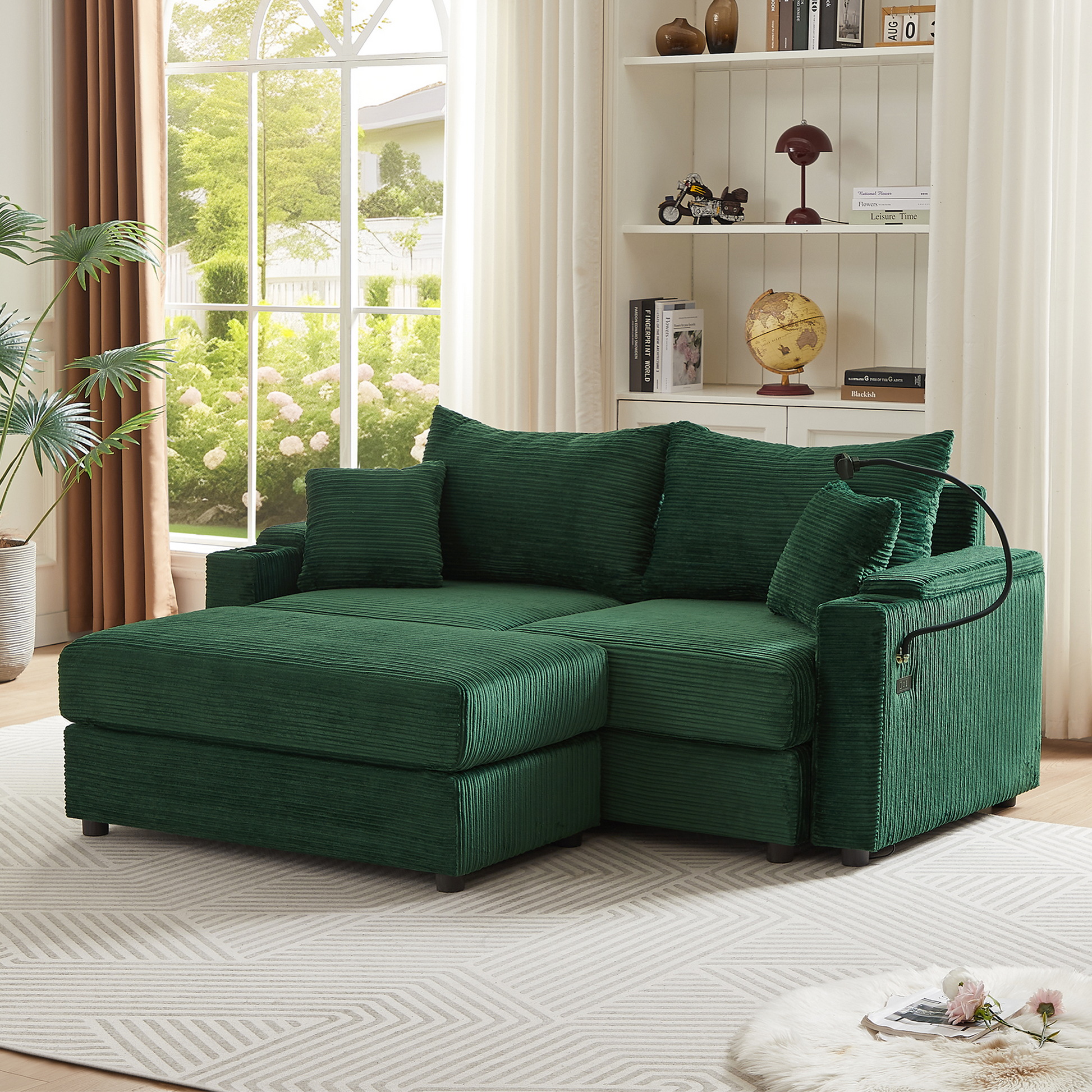 72.8" Modern Style Loveseat Sofa Sectional Sofa Couch With Storage Space, A Movable Ottoman, Two Usb Ports, Two Cup Holders, A Phone Holder For Living Room, Green Green Foam Corduroy 3 Seat