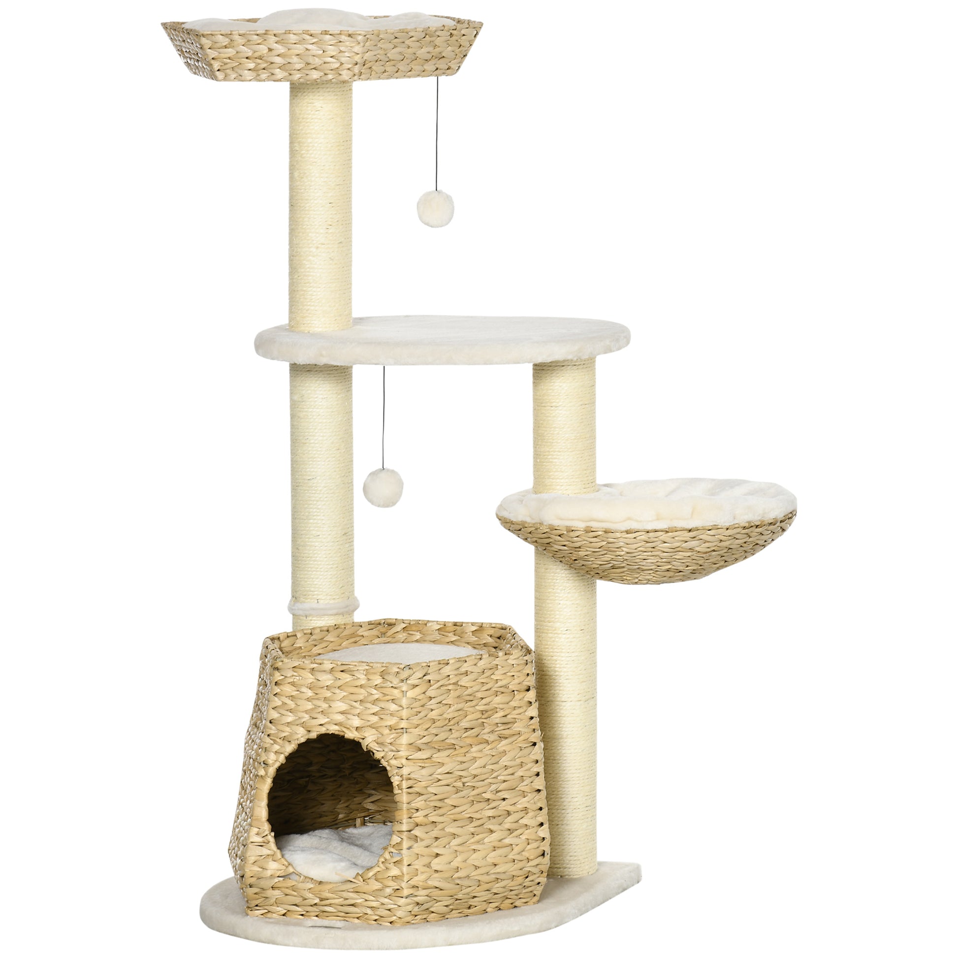 Pawhut 47" Cat Tree Kitty Activity Center, Cat Climbing Toy With Cattail Fluff, Bed, Condo, Sisal Scratching Post, And Hanging Ball, Natural Natural Wood Particle Board