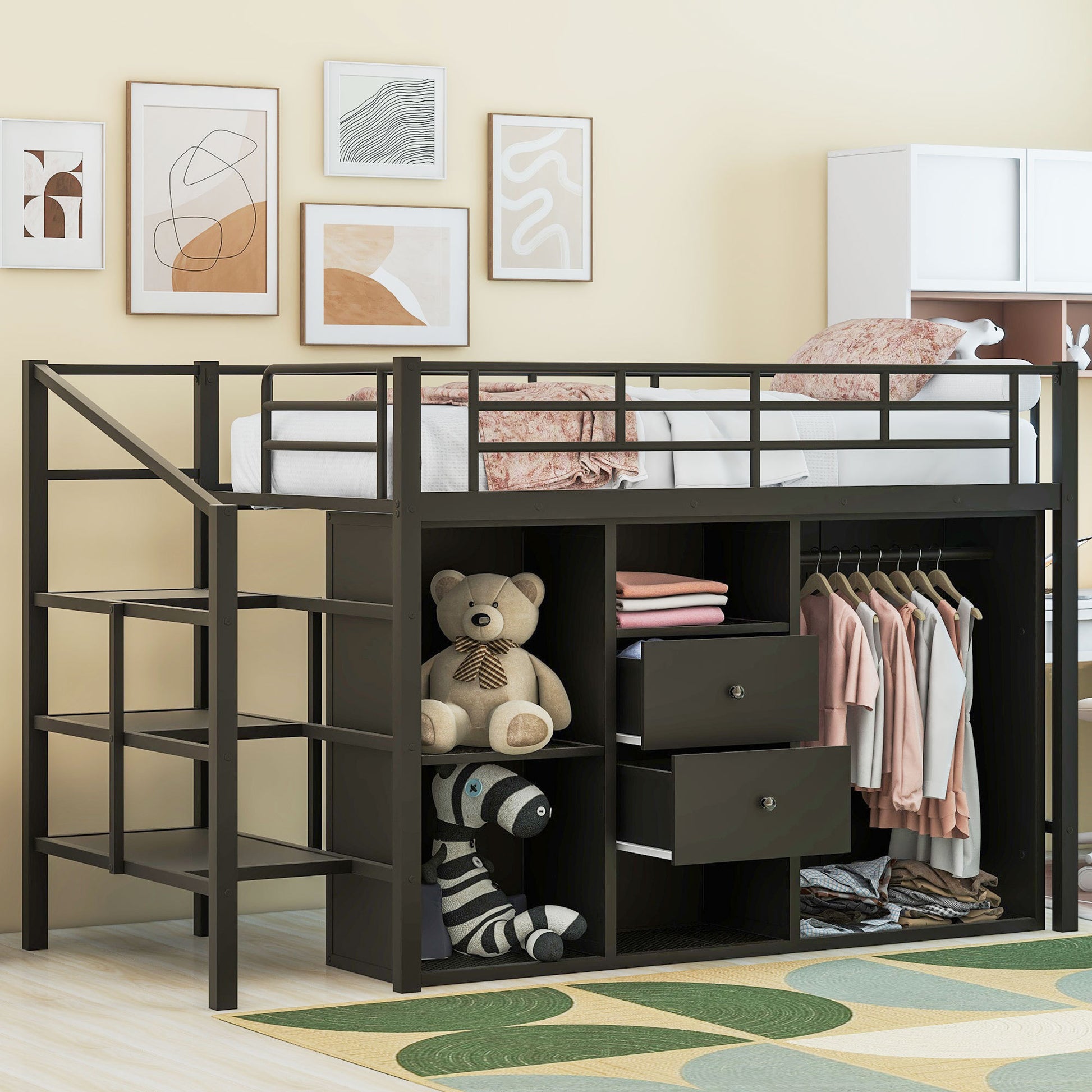 Twin Size Metal Loft Bed With Drawers, Storage Staircase And Small Wardrobe Twin Black Mdf Metal