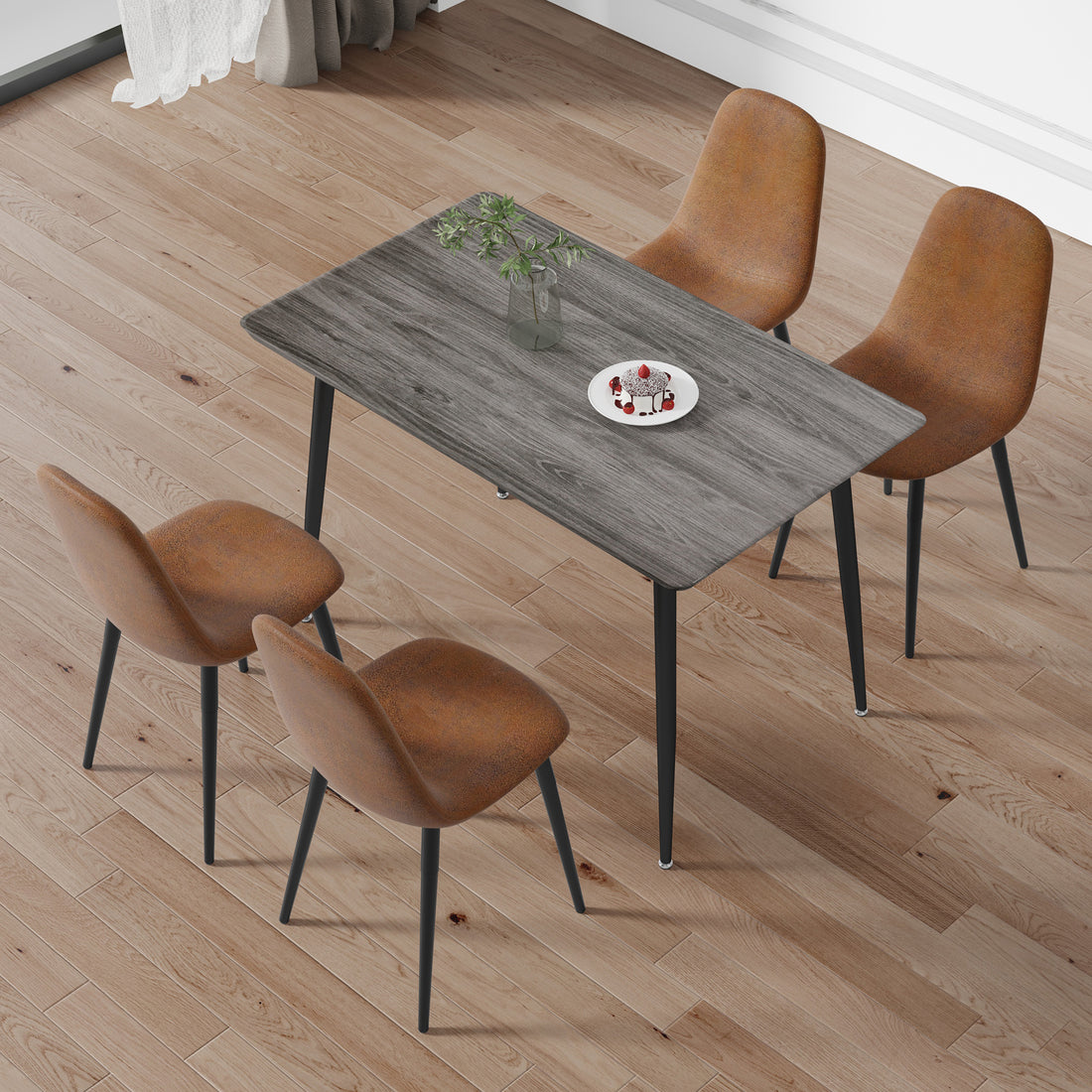 1 Table And 4 Chairs Set.Gray Wood Grain Table With Mdf Tabletop And Black Iron Legs.A Set Of 4 Modern Medieval Style Chairs, Equipped With Soft Cushions And Black Metal Legs.Dt 1226,B0501A Gray Mdf Metal