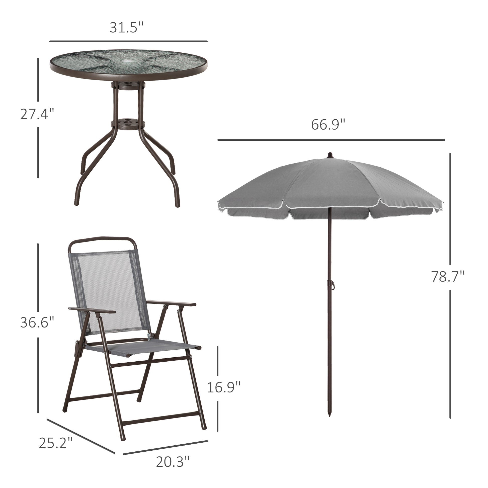 Outsunny 6 Piece Patio Dining Set For 4 With Umbrella, Outdoor Table And Chairs With 4 Folding Dining Chairs & Round Glass Table For Garden, Backyard And Poolside, Gray Gray Steel