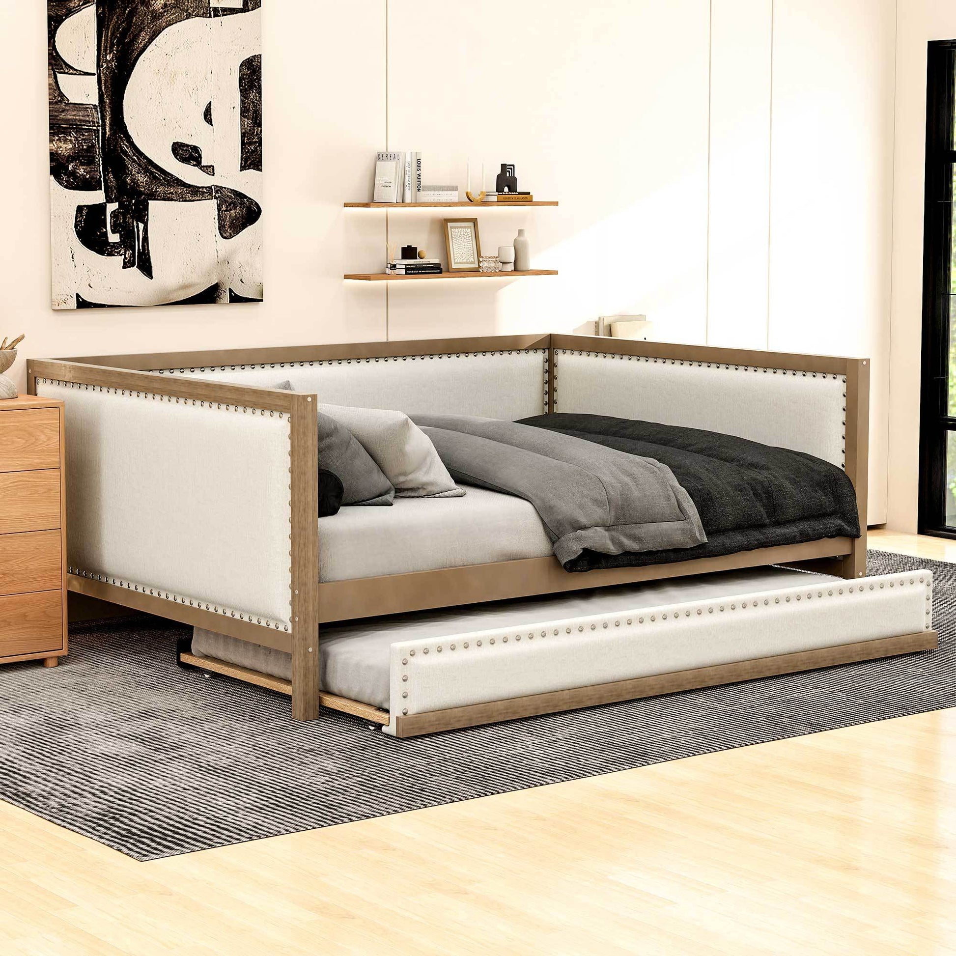 Full Size Upholstered Daybed With Trundle And Decoration, Wood Color Box Spring Not Required Full Wood Wood Daybeds Linen Upholstered