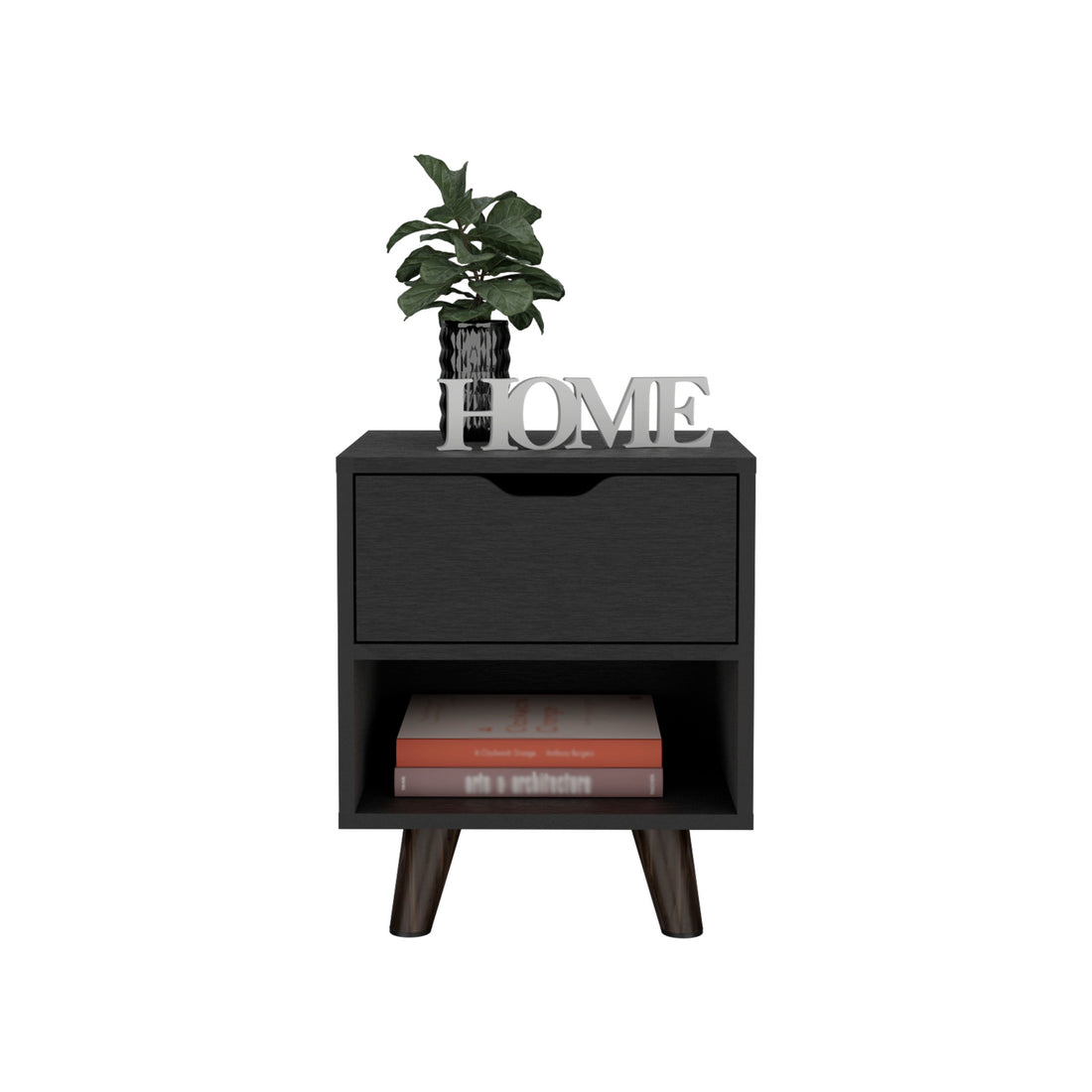 Modern Nightstand 19"H With Spacious Drawer, Open Storage Shelf And Chic Wooden Legs, Black Black Particle Board Particle Board