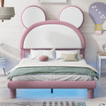Full Size Upholstered Platform Bed With Cartoon Ears Shaped Headboard And Led, White&Pink Box Spring Not Required Full White Pink Bedroom Bed Frame Faux Leather Upholstered