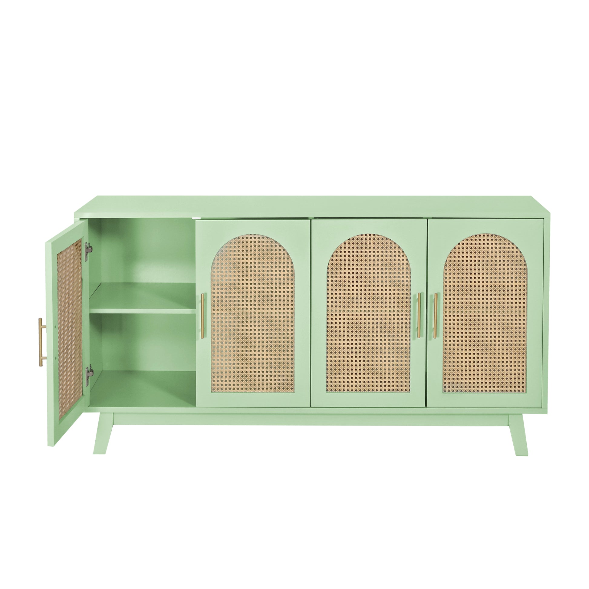 Sideboard Buffet Cabinet With Rattan Doors, Boho 4 Door Cabinet With Metal Handles For Living Room, Hallway, Entryway, Mint Green Mint Green Primary Living Space Mdf