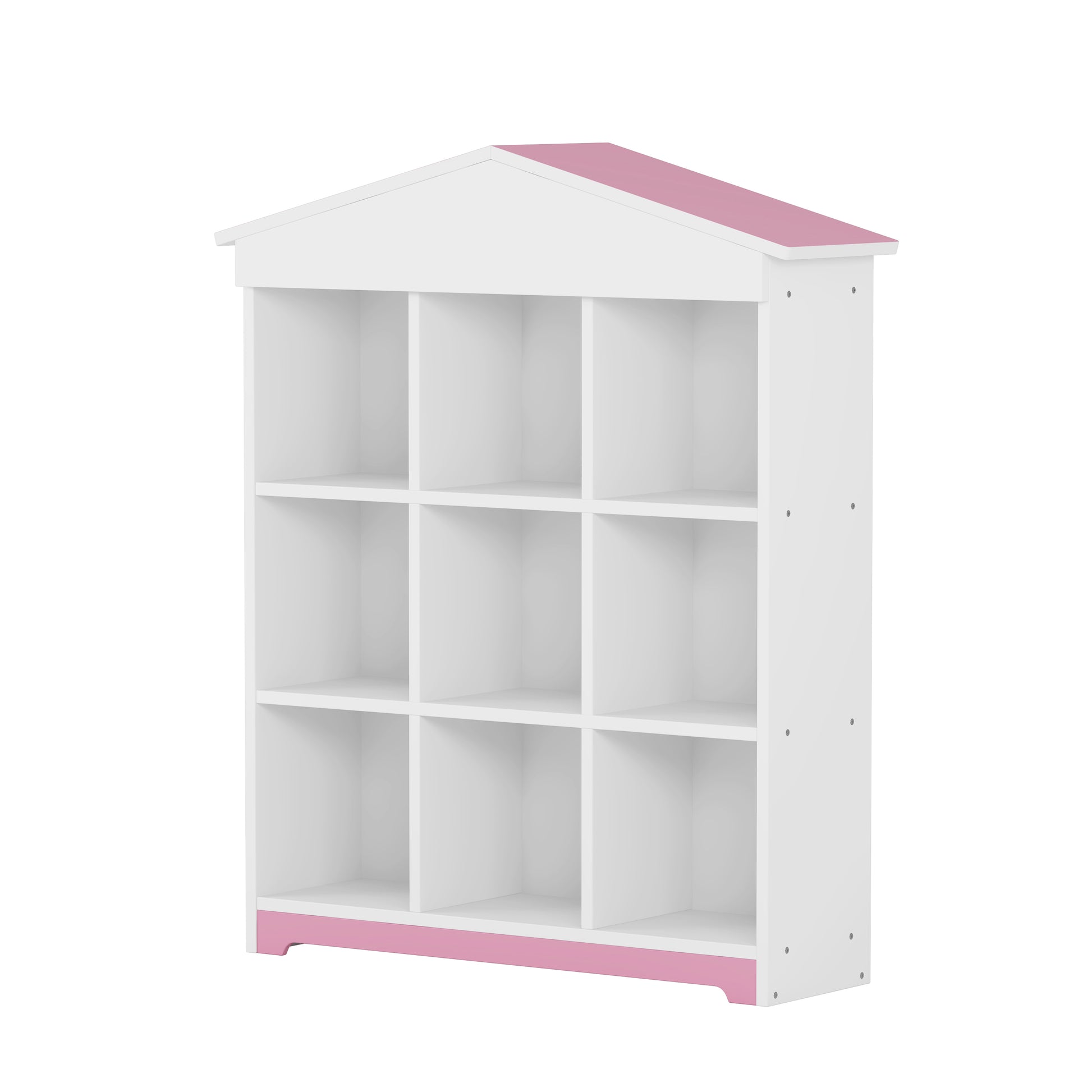 House Shaped Storage Rack With Nine Storage Compartments, Three Layer Storage Shelf With Colorblock Design, White Pink Pink White Particle Board