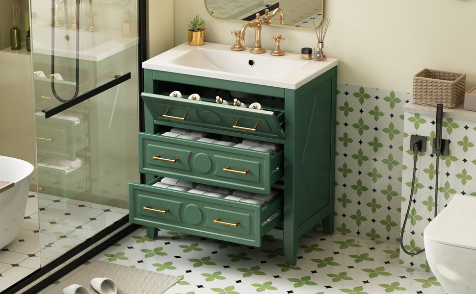 30'' Bathroom Vanity With Resin Sink Combo, Free Standing Single Vanity Set With 3 Drawers, Solid Wood Frame Bathroom Storage Cabinet, Green 3 Green Bathroom Freestanding Solid Wood Mdf Resin Painted