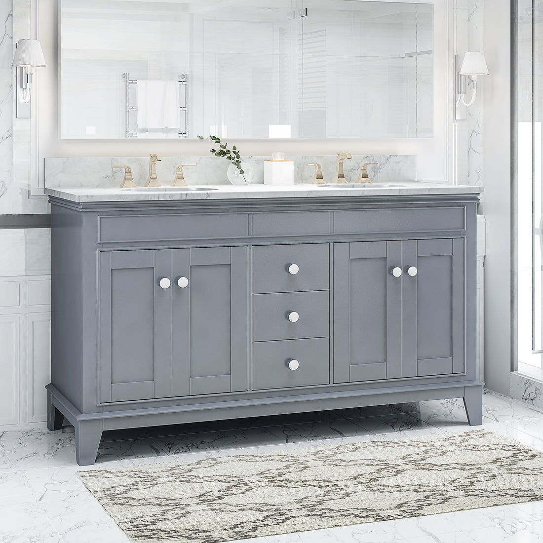 61'' Bathroom Vanity With Marble Top & Double Ceramic Sinks, 3 Drawers, 4 Doors, Gray Gray Plywood