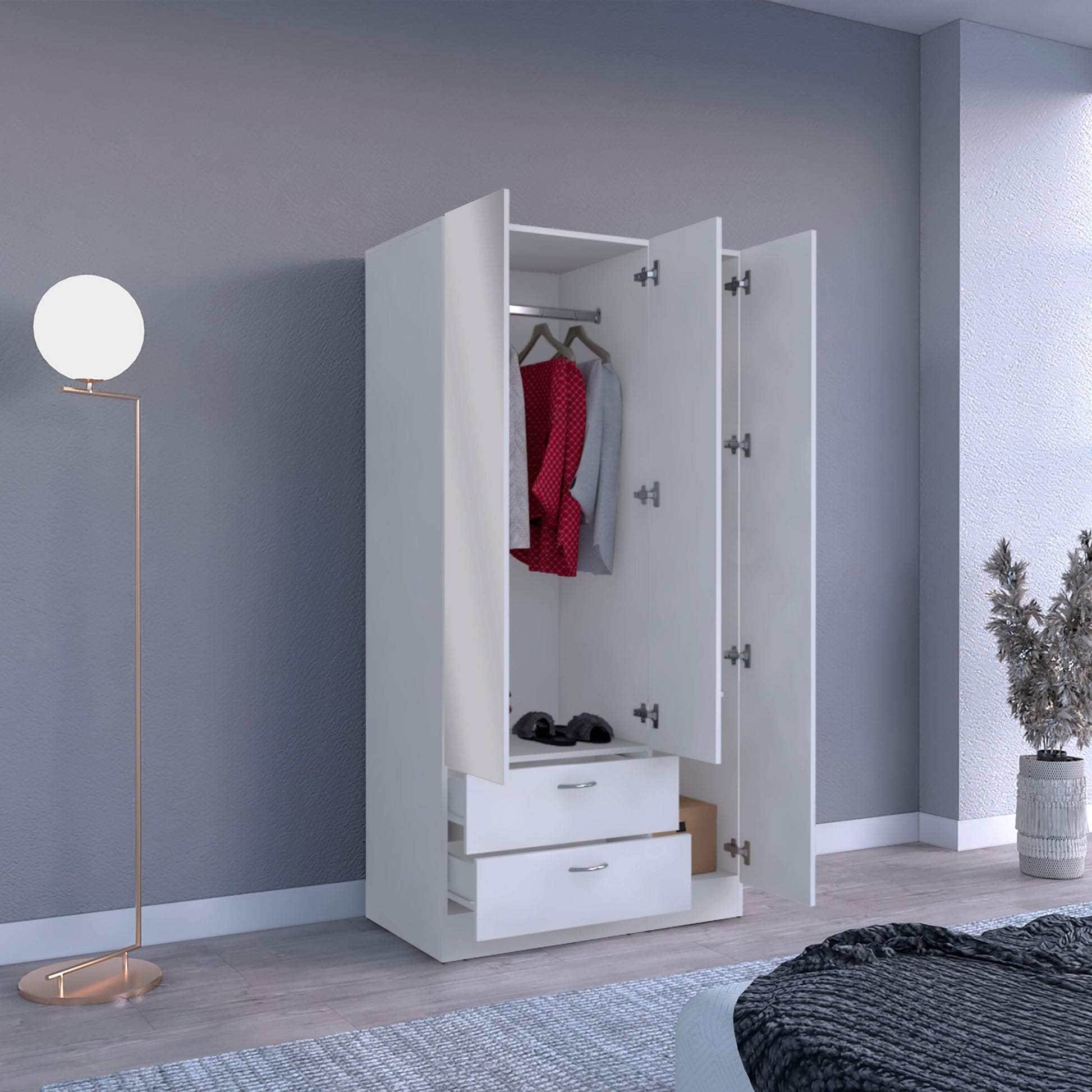 Riverside 3 Door Mirrored Armoire With Two Drawers, Four Shelves, And Hanging Rod White White Bedroom Particle Board