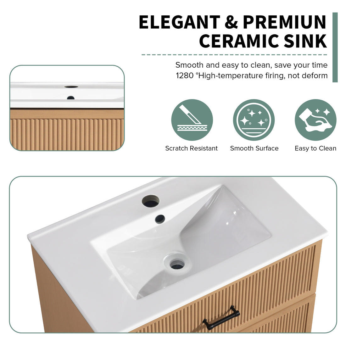 30 Inch Bathroom Vanity With Ceramic Sink Combo Set, Modern Freestanding Bathroom Storage Cabinet With 2 Drawers, Floor Standing Bath Vanity, Light Brown Light Brown Mdf