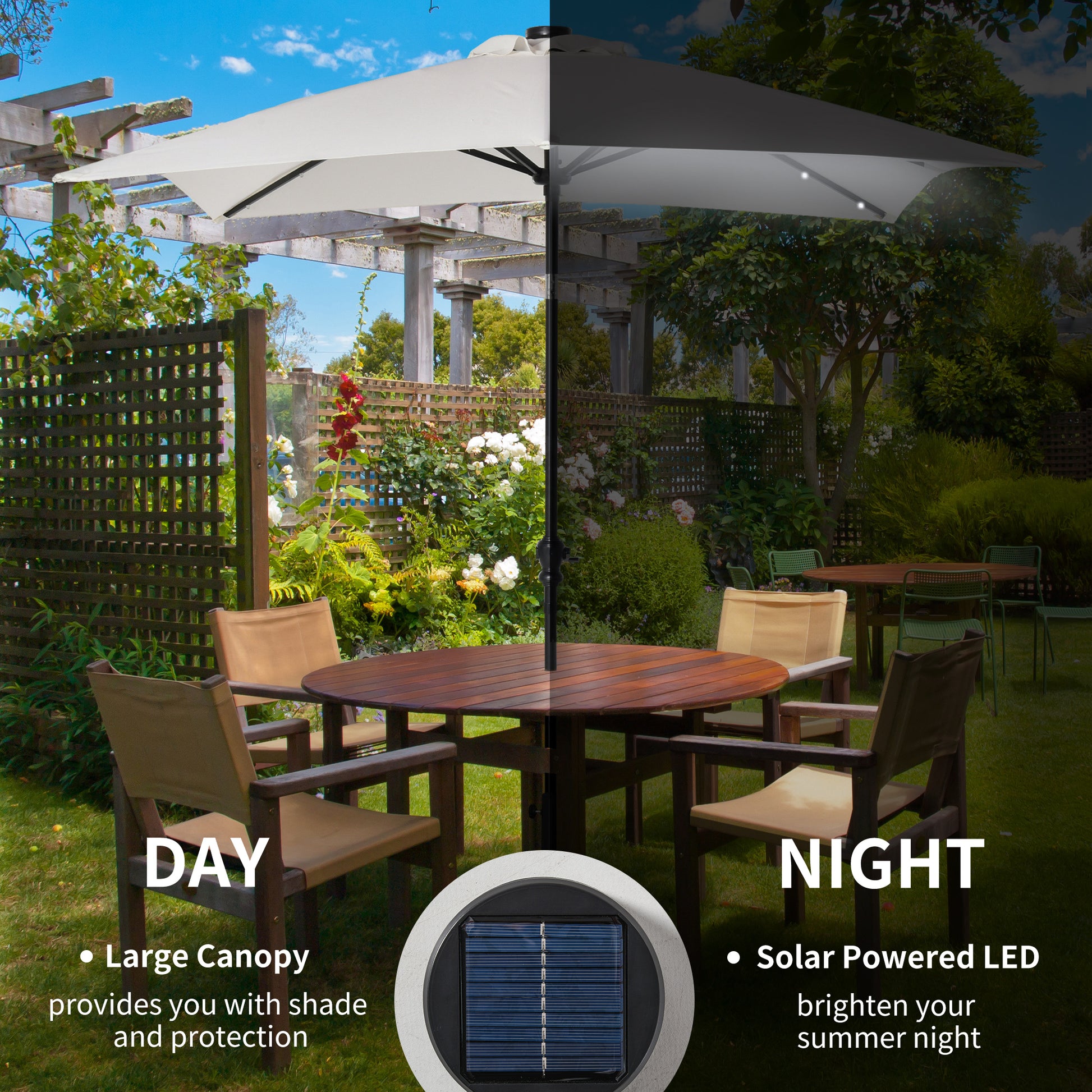 lighted patio umbrella with base Outsunny 9' X 7' Solar Umbrella, Led Lighted Patio Umbrella For Table Or Base With Tilt & Crank, Outdoor Umbrella For Garden, Deck, Backyard, Pool,