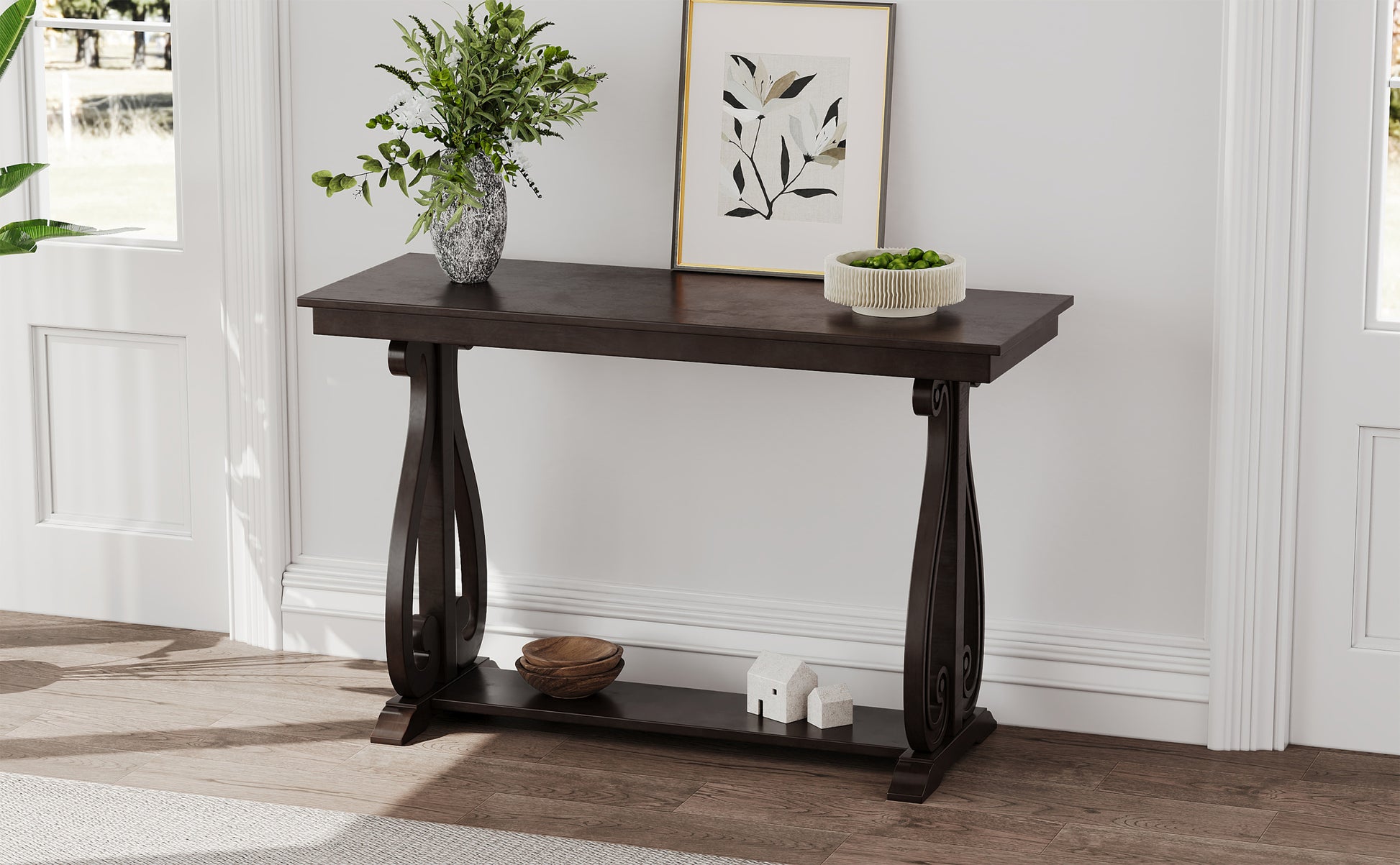 48 Inch Rustic Vintage Console Tablefarmhouse Style Entryway Table With Open Shelf And Sturdy Construction For Entryway And Living Room Espresso Espresso Distressed Finish Primary Living Space Antique,Rustic,Vintage Open Storage Console Tables Brushed