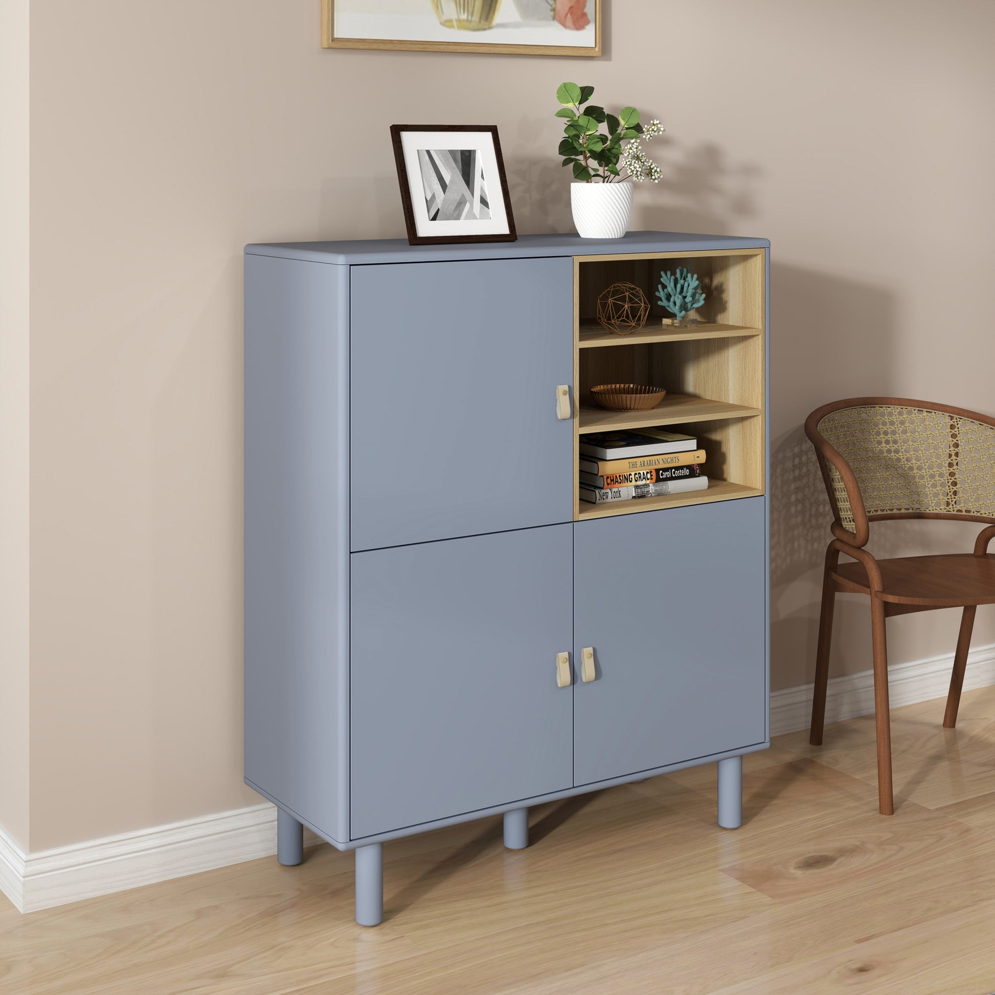 Storage Cabinet With Door, Multifunctional Storage Cabinet, Modern Sideboard Cabinet, Wooden Storage Cabinet, Leather Handle Drawer Cabinet, Home Storage Cabinet, Office Cabinet Blue Solid Wood Mdf