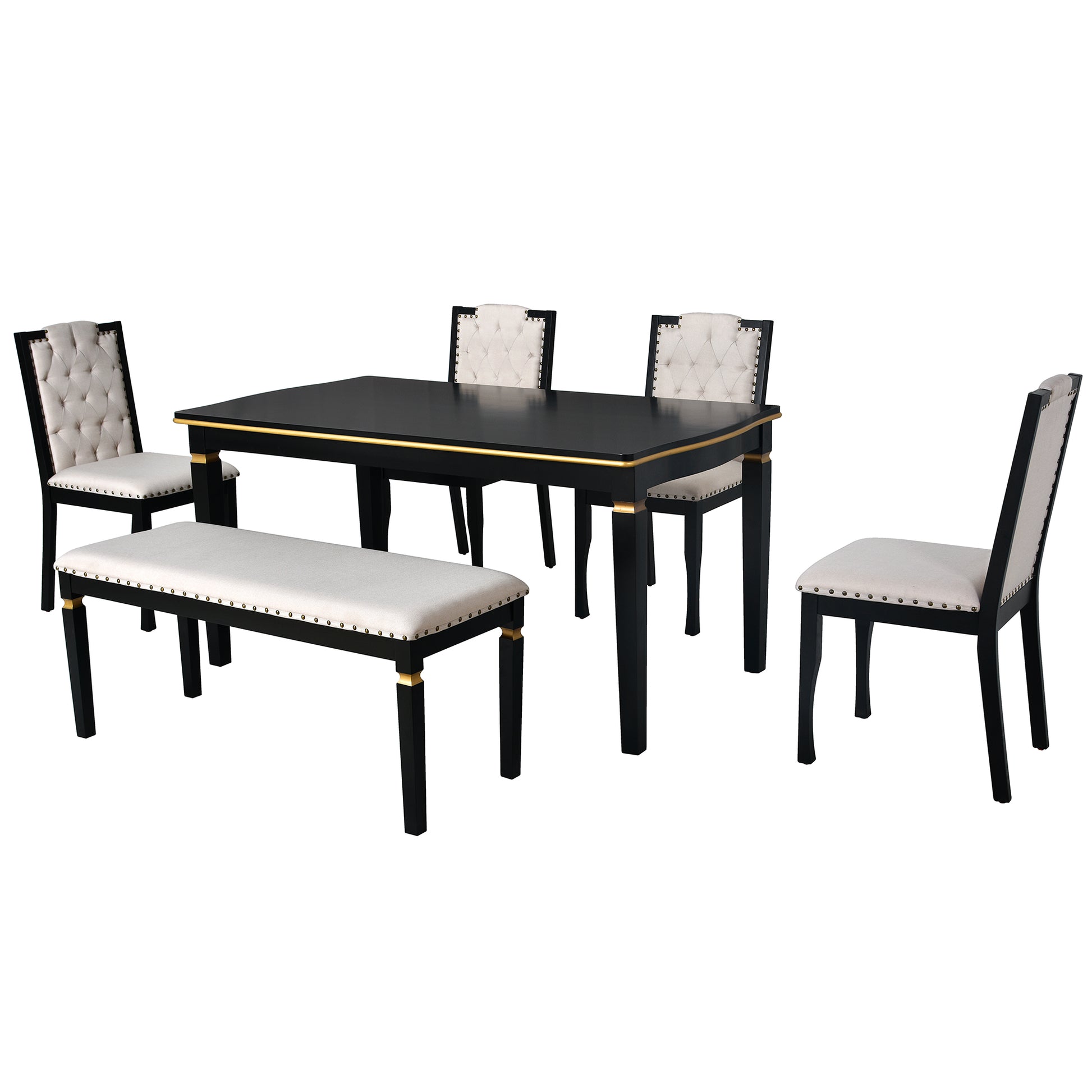 6 Piece Kitchen Dining Table Set, 60" Rectangular Table And 4 High Back Tufted Chairs & 1 Bench For Dining Room And Kitchen Black Upholstered Chair Black Seats 6 Solid Wood Classic,Modern 4 Leg