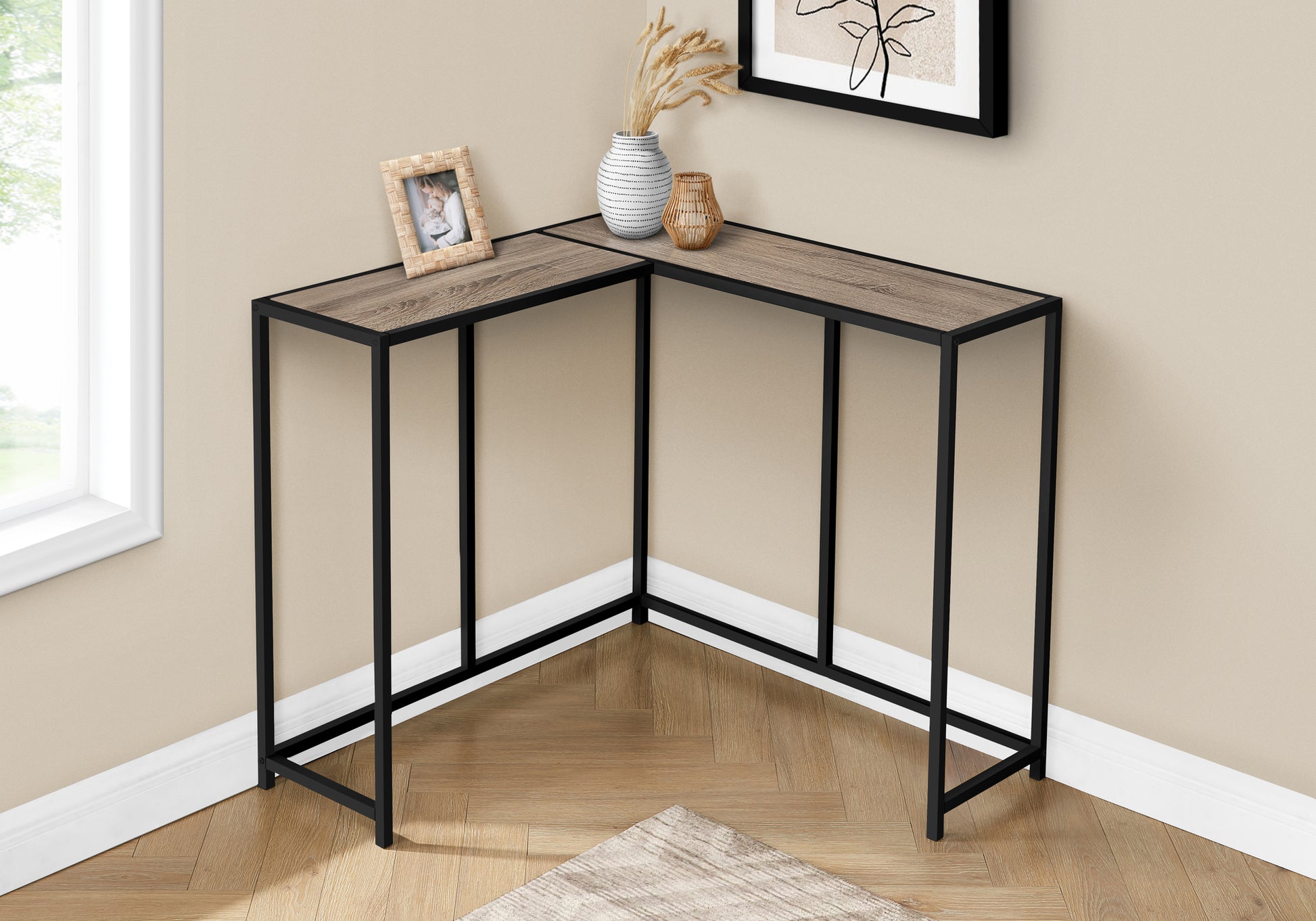 Accent Table, Console, Entryway, Narrow, Corner, Living Room, Bedroom, Brown Laminate, Black Metal, Contemporary, Modern Taupe Particle Board