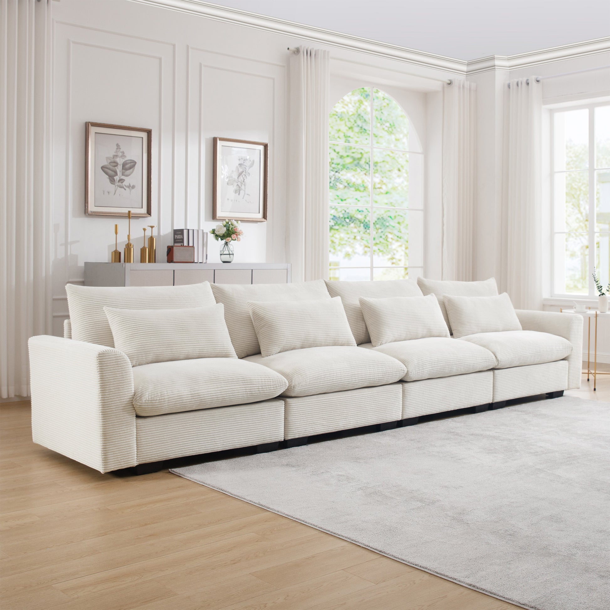 4 Seater Deep Seat Couches For Living Room, Comfy Beige Corduroy Sofas For Living Room Modern With 4 Waist Pillows Beige Corduroy 4 Seat