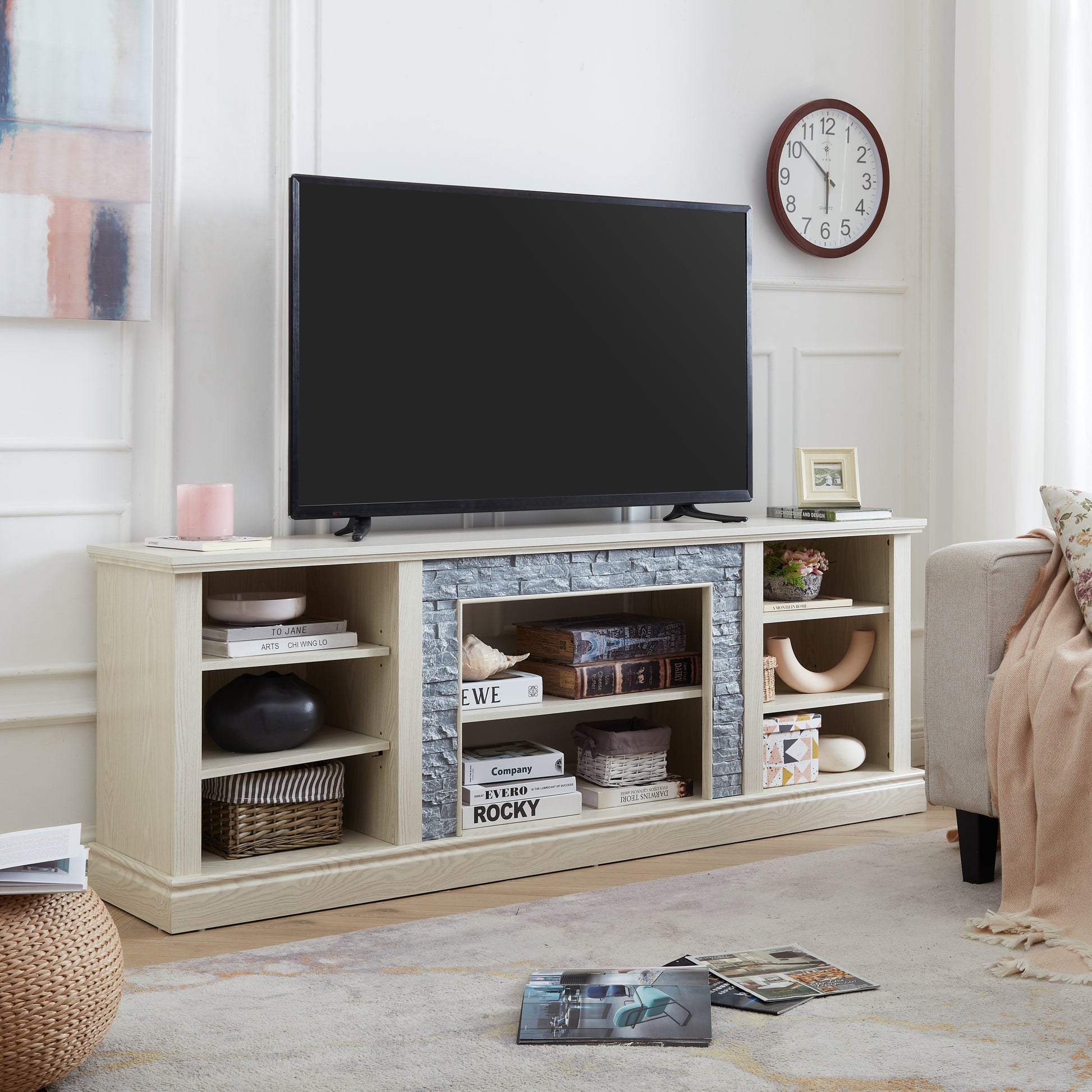 Large Tv Desk Storage Rack With Faux Stacked Stone Surround,Media Console Table With Large Storage Cabinet,Modern Tv Media Entertaionment Stand,White, 70.12"W*15.35"D*25.83"H White 70 79 Inches Mdf