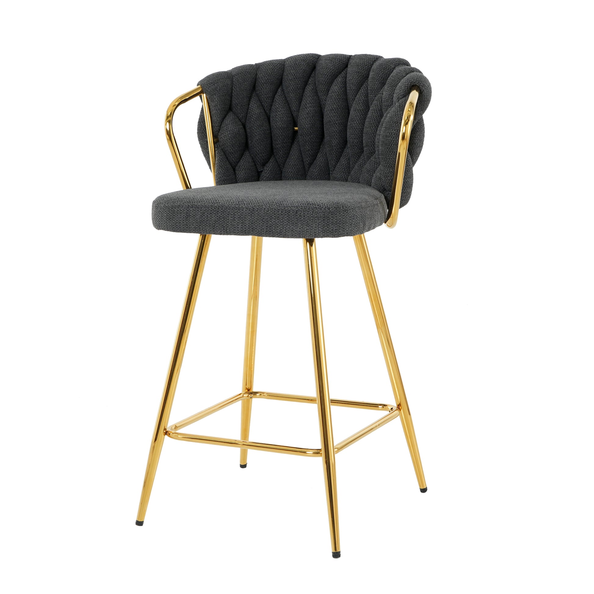 Stylish Dark Grey Cotton And Linen Design, Gold Plated Metal Legs, Round Tempered Glass Countertop, Bar Chair Cover, Suitable For Bar, Restaurant, Bedroom Bar Chair, Set Of 3 Metal Dark Gray Seats 2