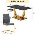 Table And Chair Set.Modern Rectangular Dining Table With Black Textured Stickers Glass Tabletop And Gold Plated Metal Legs.Paried With 4 Comfortable Chairs With Pu Seats And Golden Metal Legs. Dark