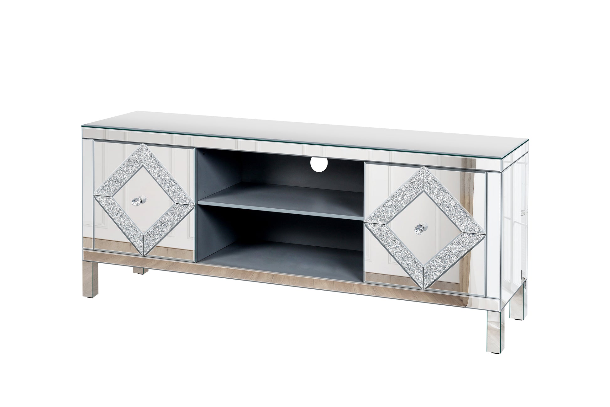 Mirrored Tv Stand For 65 Inch Tv,Sliver Tv Console Table With Open Storage & 2 Storage Cabinets ,Diamond Shape Sparkling Mirror Doors For Living Room 59''W X 25.2''H X 15.7D 1 2 Shelves Glass Pane