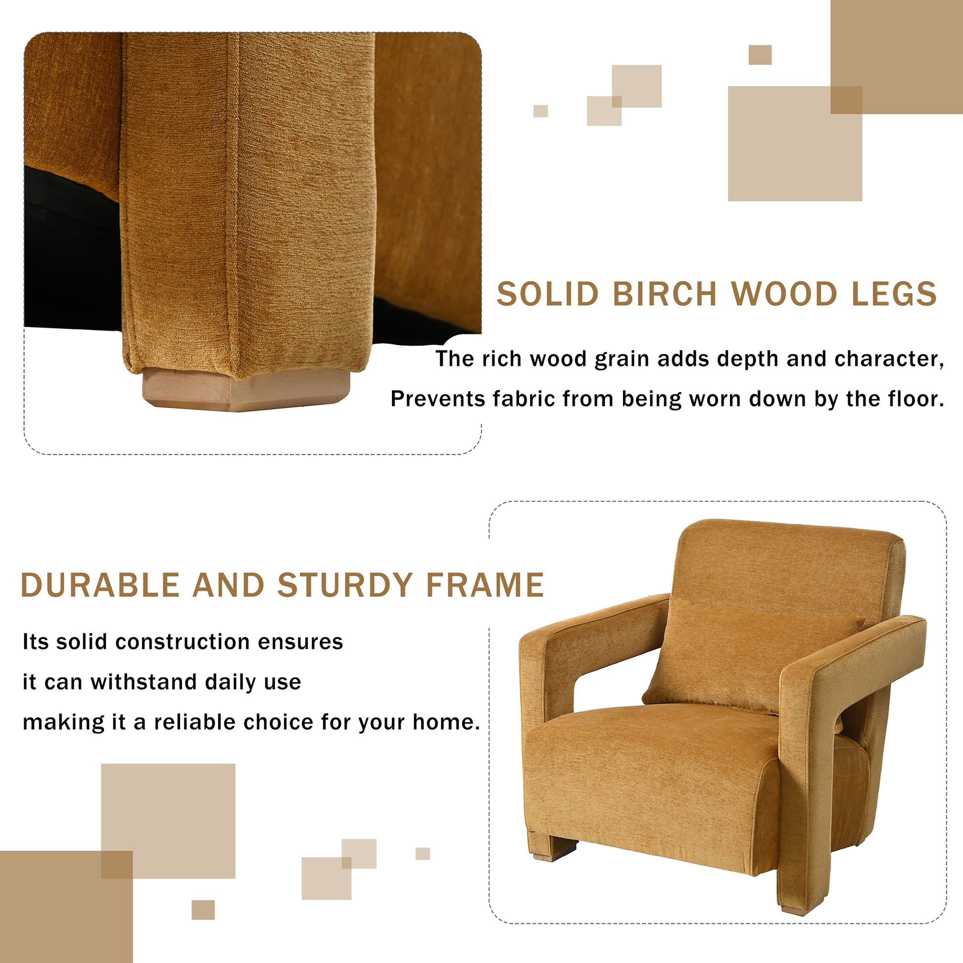 Mirod Sleek Right Angle Armrests, Ergonomic Lumbar Support, Square Wooden Block Legs, Inclined Seat For Comfort, Artistic Statement Piece For Living Room,Bedroom And Study Yellow Chenille