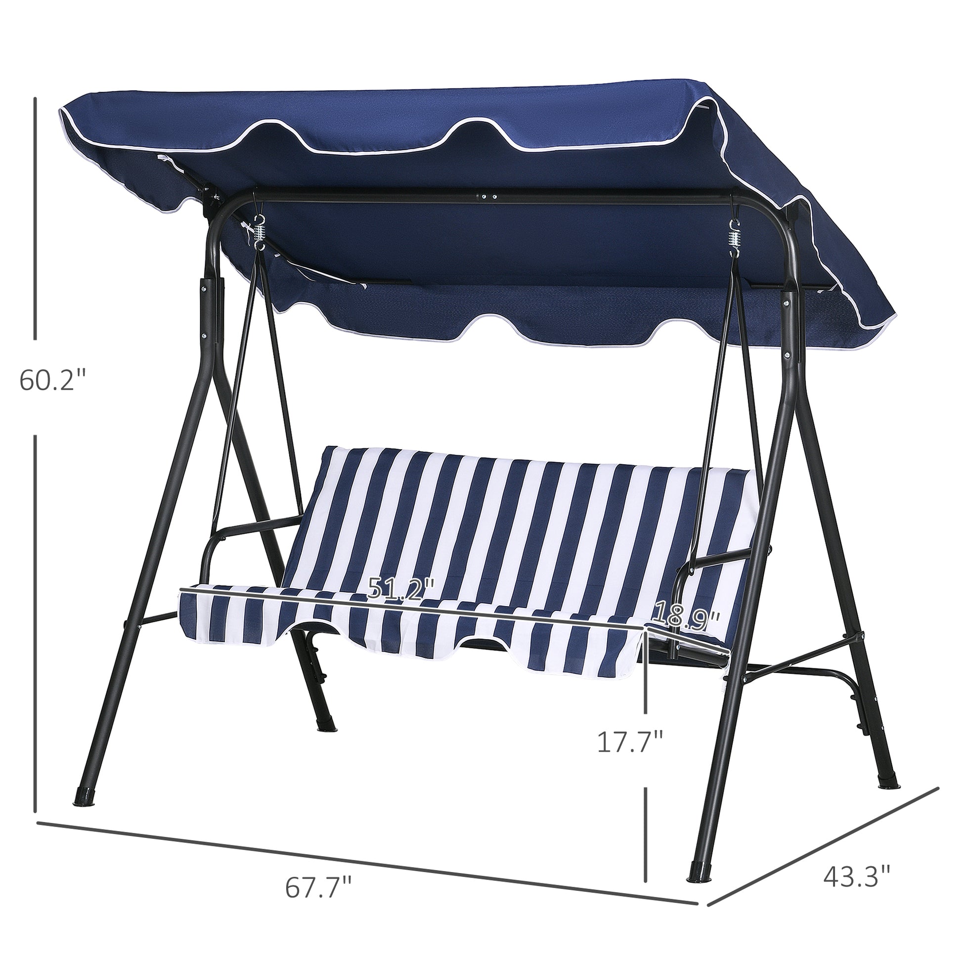 Outsunny 3 Seat Outdoor Patio Swing Chair With Removable Cushion, Steel Frame Stand And Adjustable Tilt Canopy For Patio, Garden, Poolside, Balcony, Backyard, Dark Blue Dark Blue Steel