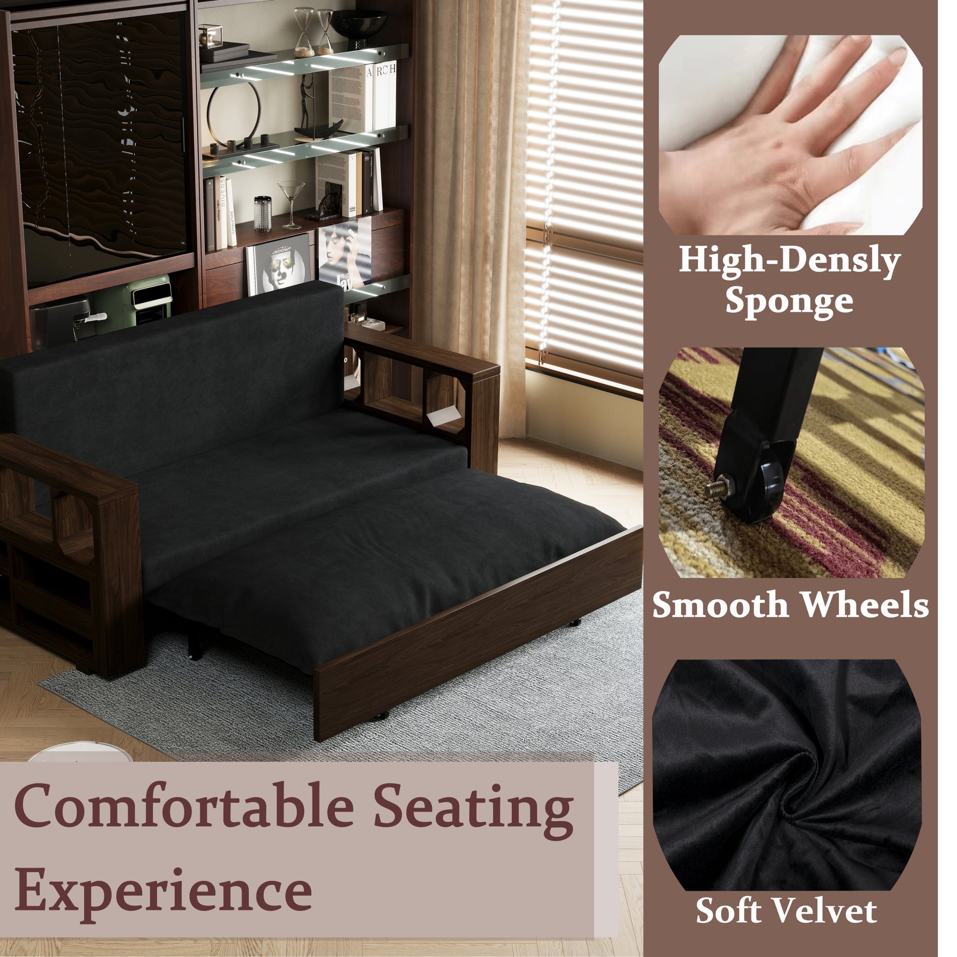 3 In 1 Convertible Sleeper Sofa Bed,Modern Velvet Loveseat Couch With Pull Out Bed,Small Beautiful Seat Futon Sofa Bed With Convertible Office Desk,Black Black Metal & Wood 2 Seat