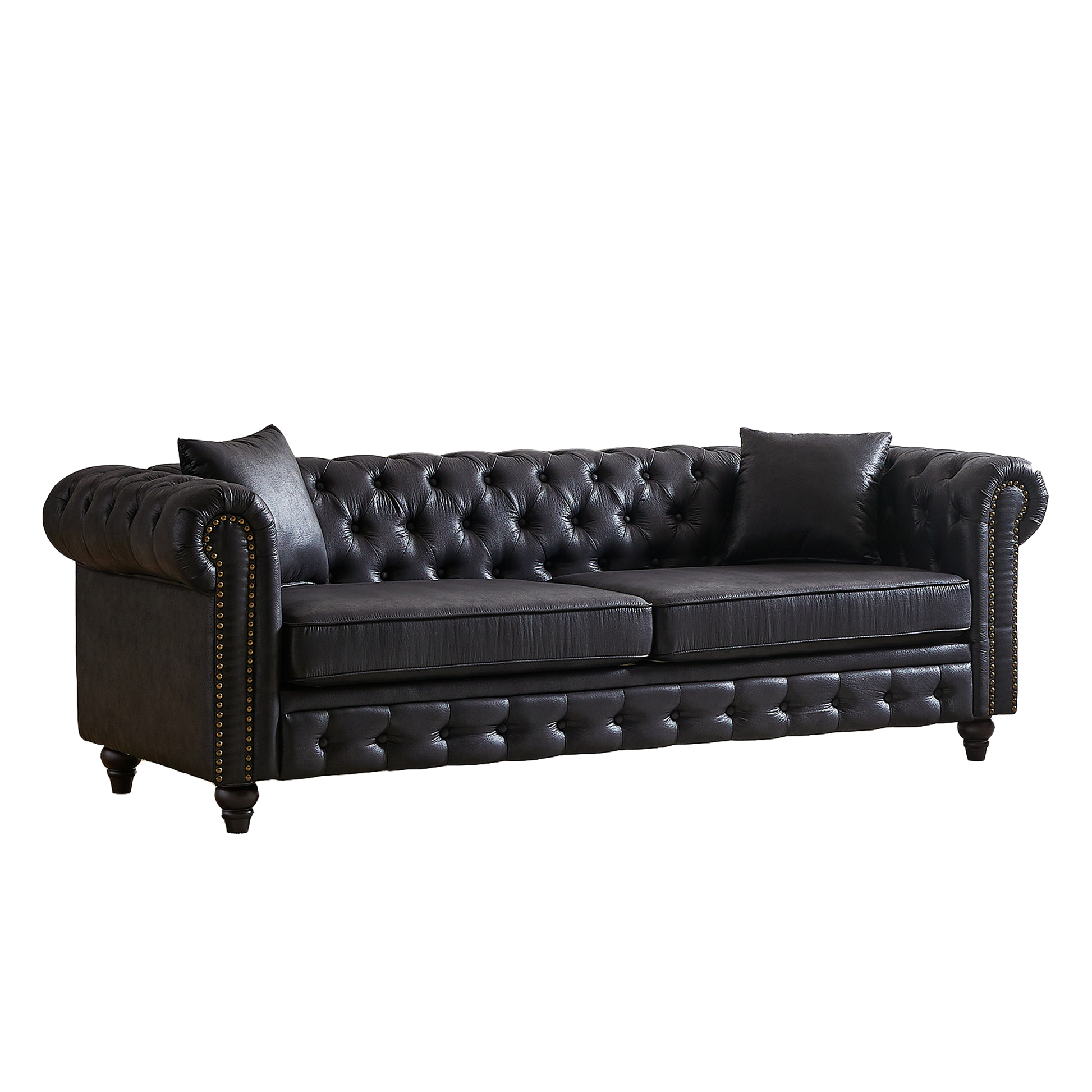 Fx 85.5"Living Room With Tech Fabric Chesterfield Sofa With Rolled Arms 3 Seater Sofa With Button Design And 2 Cushions For Apartment, Office, Living Room Black Wood Primary Living Space Pine Foam Fabric 3 Seat