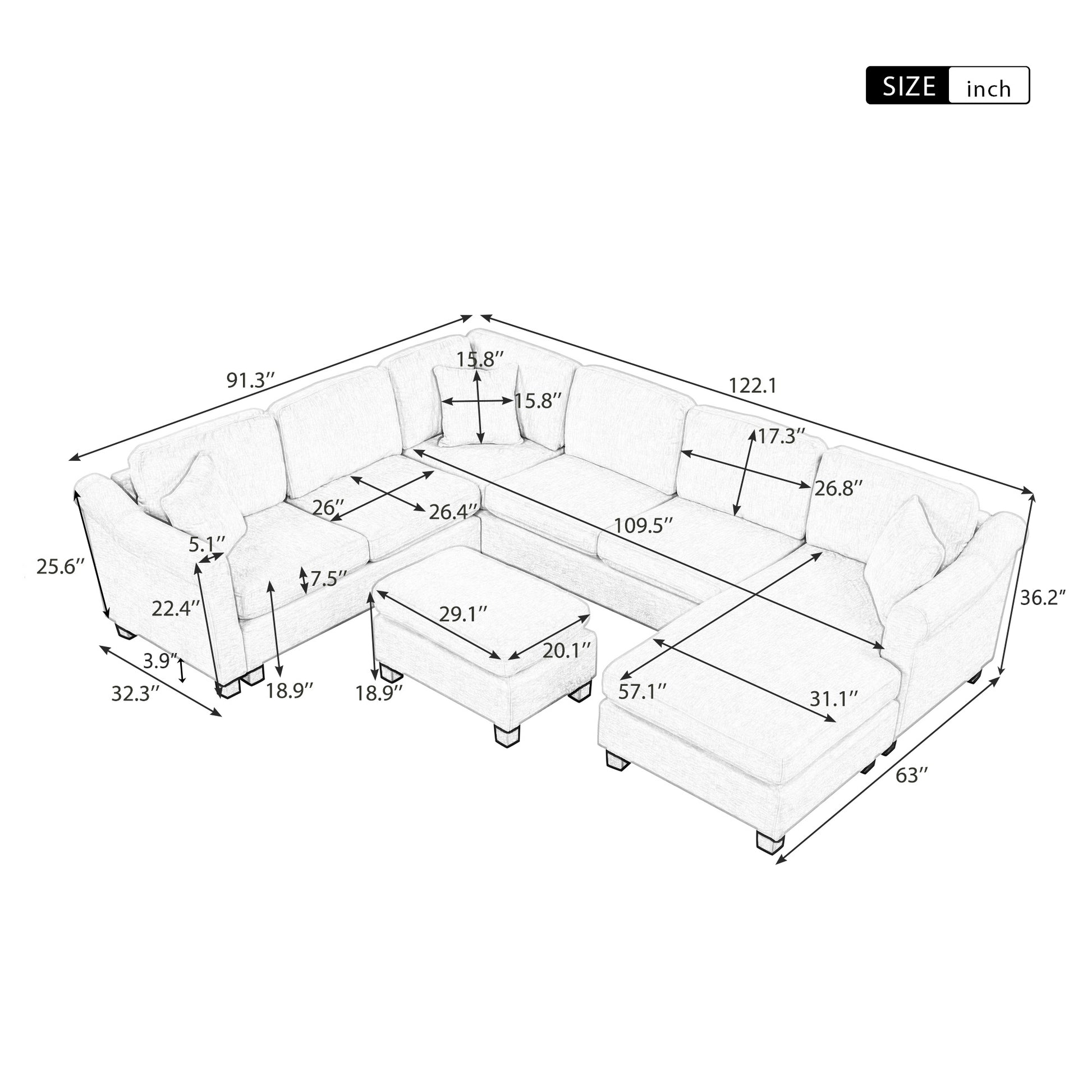 122.1" *91.3" 4Pcs Sectional Sofa With Ottoman With Right Side Chaise Velvet Fabric White White Foam Velvet 6 Seat