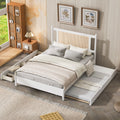 Queen Size Wooden Rattan Platform Bed, With 2 Big Drawers, T Size Trundle, White Queen White Plywood