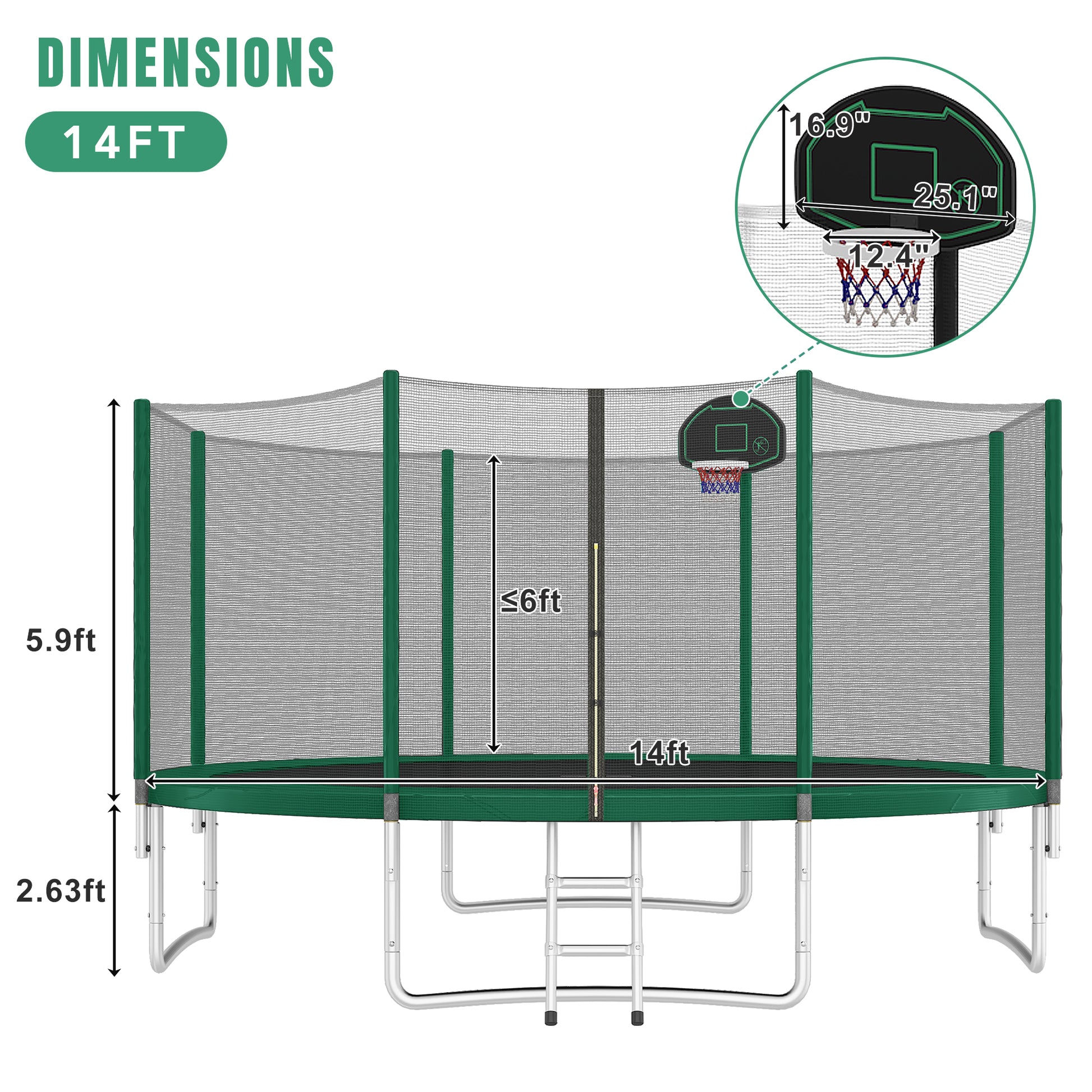 14Ft Trampoline For Kids With Safety Enclosure Net, Basketball Hoop And Ladder, Easy Assembly Round Outdoor Recreational Trampoline Green Metal